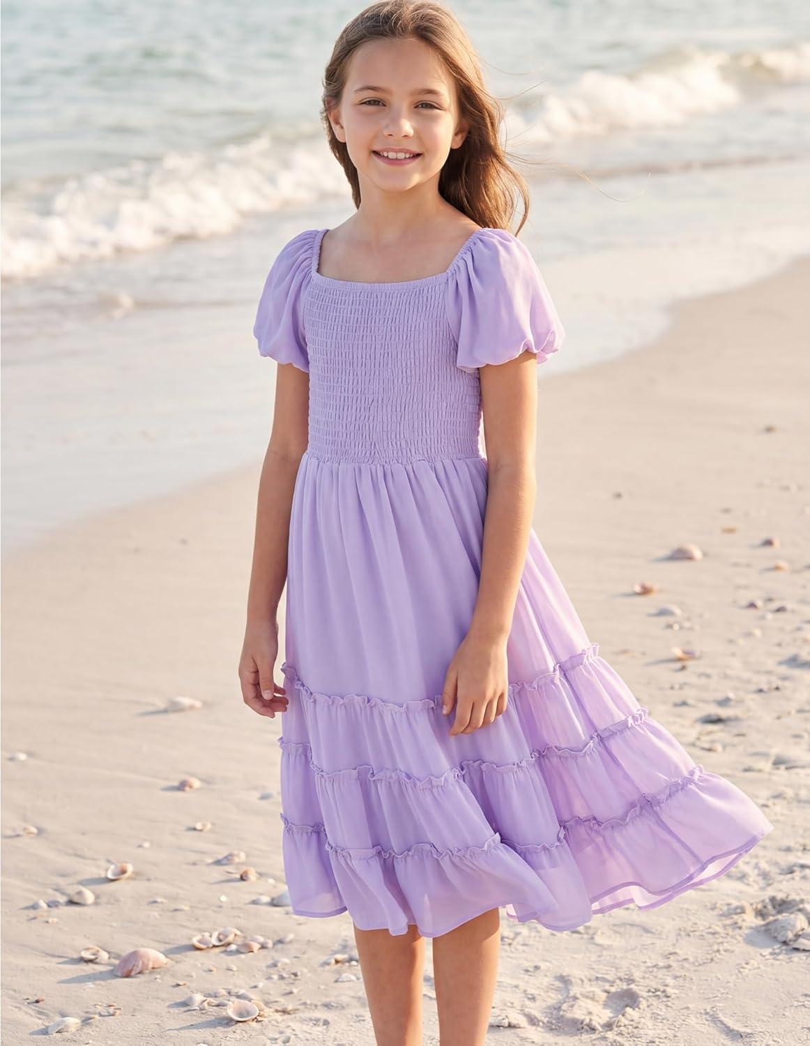imageGRACE KARIN Girls Short Sleeve Smocked Summer Ruffle Dresses 714Y Teen Square Neck Casual Party Midii Maxi DressPurple