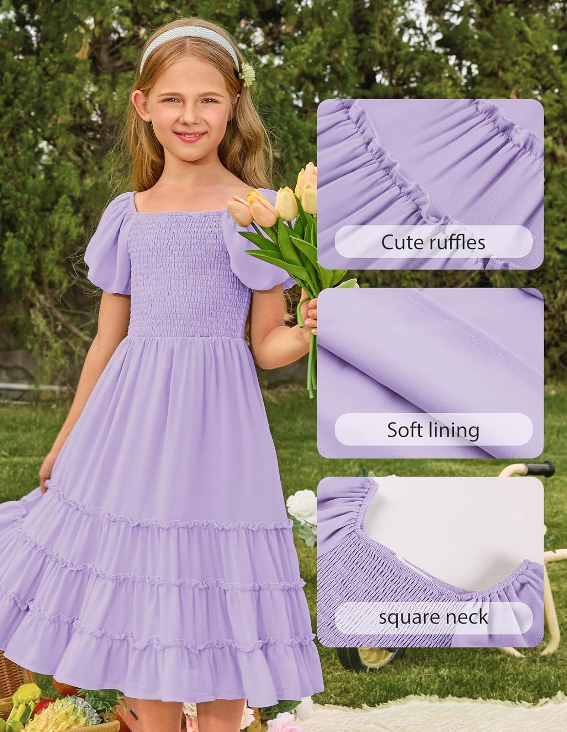 imageGRACE KARIN Girls Short Sleeve Smocked Summer Ruffle Dresses 714Y Teen Square Neck Casual Party Midii Maxi DressPurple