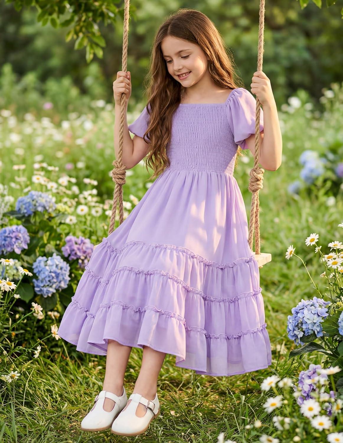 imageGRACE KARIN Girls Short Sleeve Smocked Summer Ruffle Dresses 714Y Teen Square Neck Casual Party Midii Maxi DressPurple