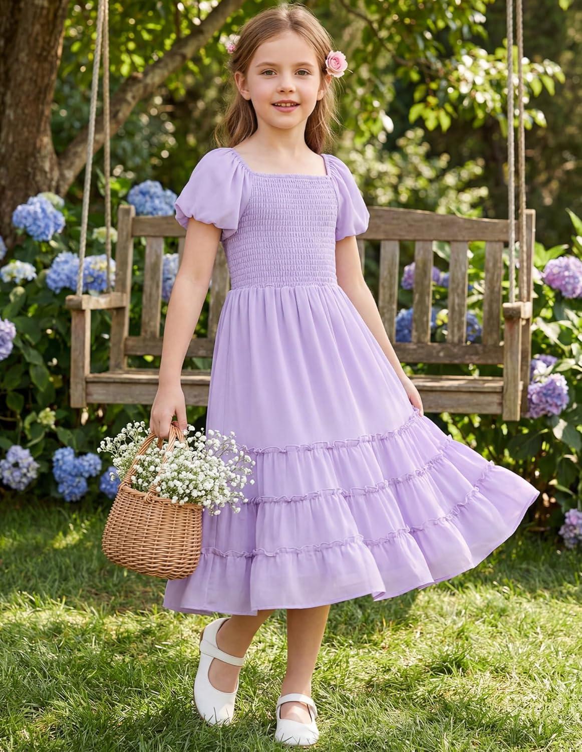 imageGRACE KARIN Girls Short Sleeve Smocked Summer Ruffle Dresses 714Y Teen Square Neck Casual Party Midii Maxi DressPurple