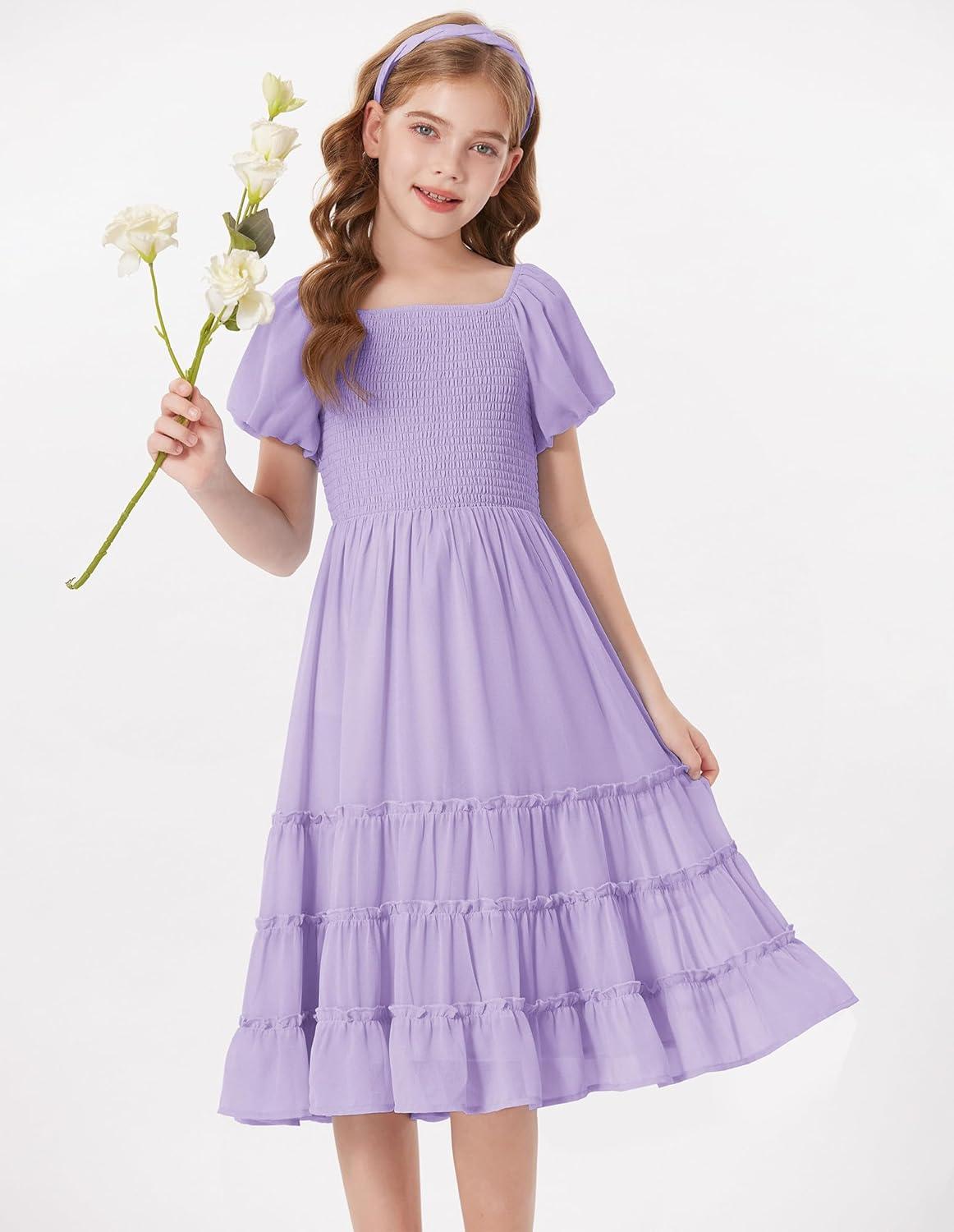 imageGRACE KARIN Girls Short Sleeve Smocked Summer Ruffle Dresses 714Y Teen Square Neck Casual Party Midii Maxi DressPurple