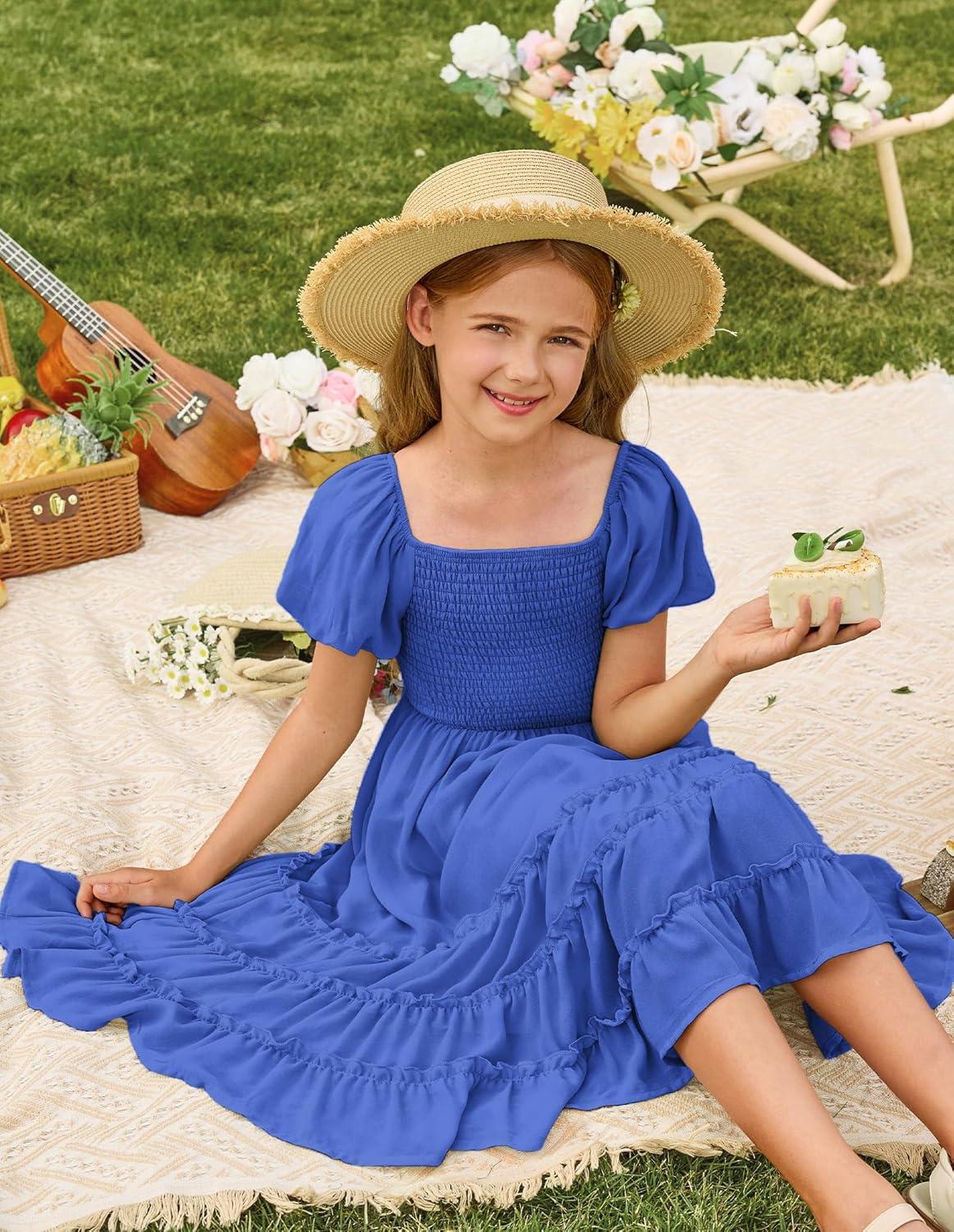 imageGRACE KARIN Girls Short Sleeve Smocked Summer Ruffle Dresses 714Y Teen Square Neck Casual Party Midii Maxi DressRoyal Blue