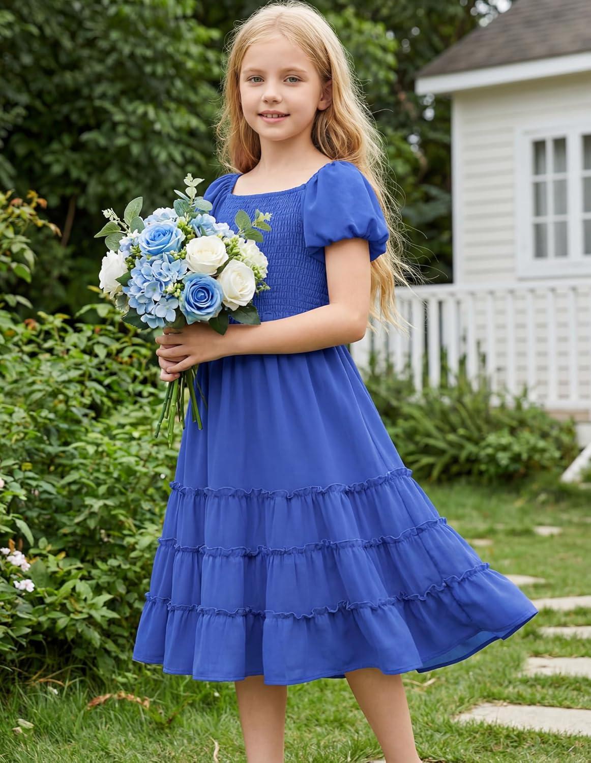 imageGRACE KARIN Girls Short Sleeve Smocked Summer Ruffle Dresses 714Y Teen Square Neck Casual Party Midii Maxi DressRoyal Blue