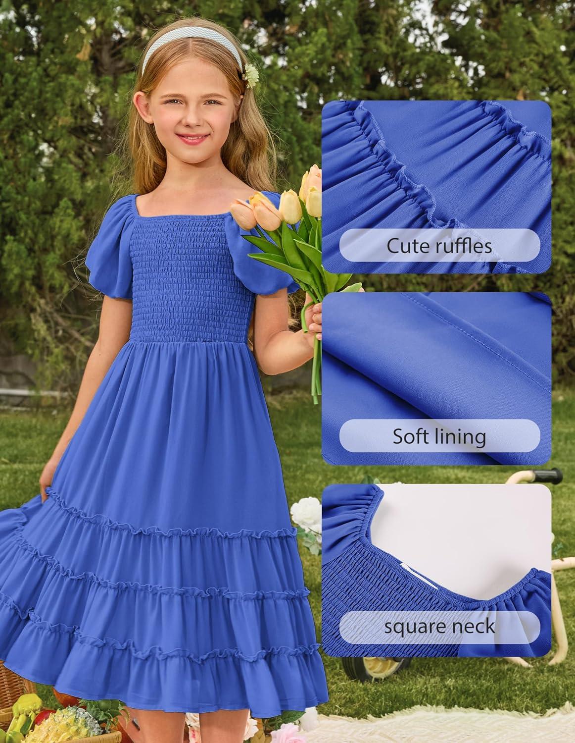 imageGRACE KARIN Girls Short Sleeve Smocked Summer Ruffle Dresses 714Y Teen Square Neck Casual Party Midii Maxi DressRoyal Blue