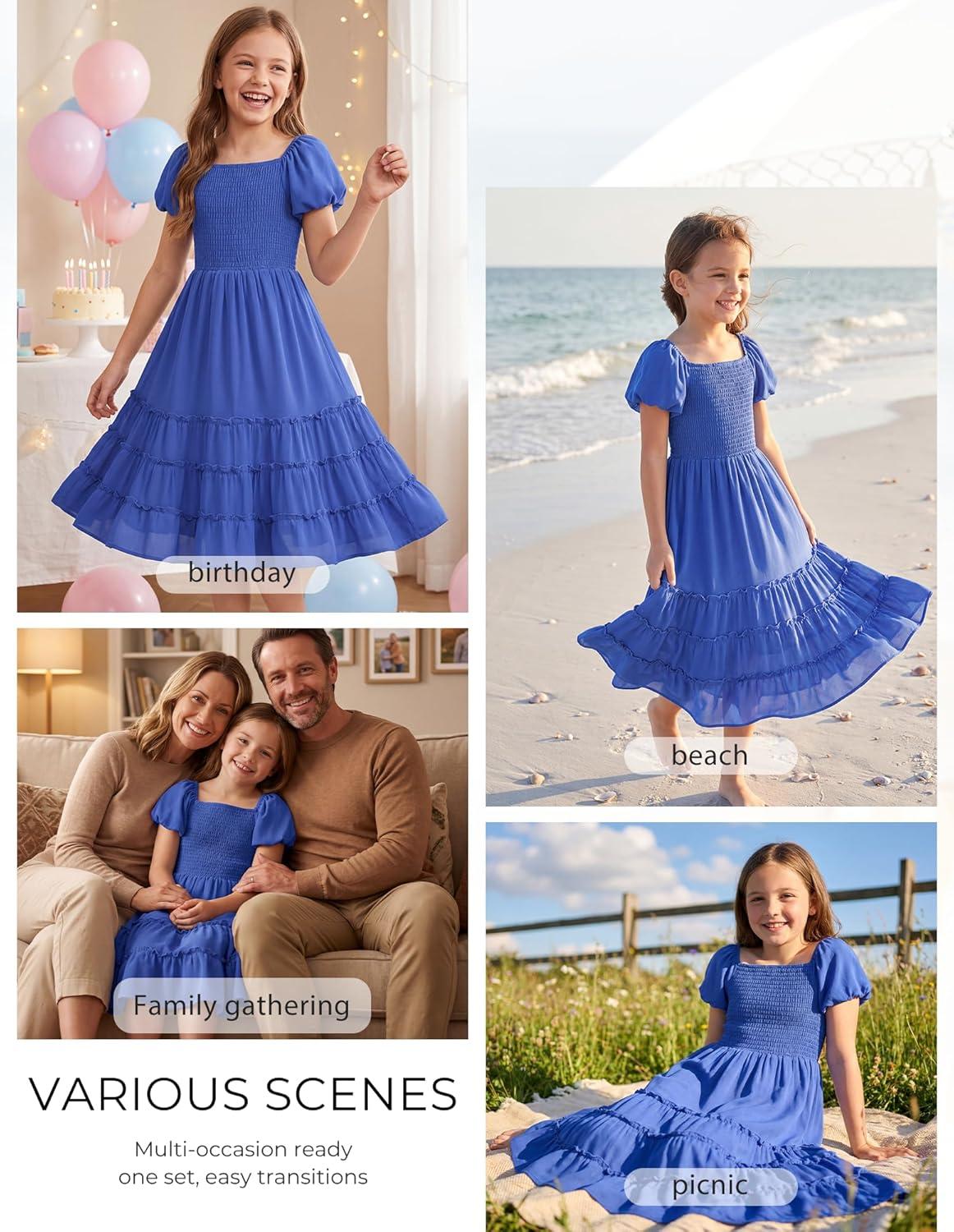imageGRACE KARIN Girls Short Sleeve Smocked Summer Ruffle Dresses 714Y Teen Square Neck Casual Party Midii Maxi DressRoyal Blue