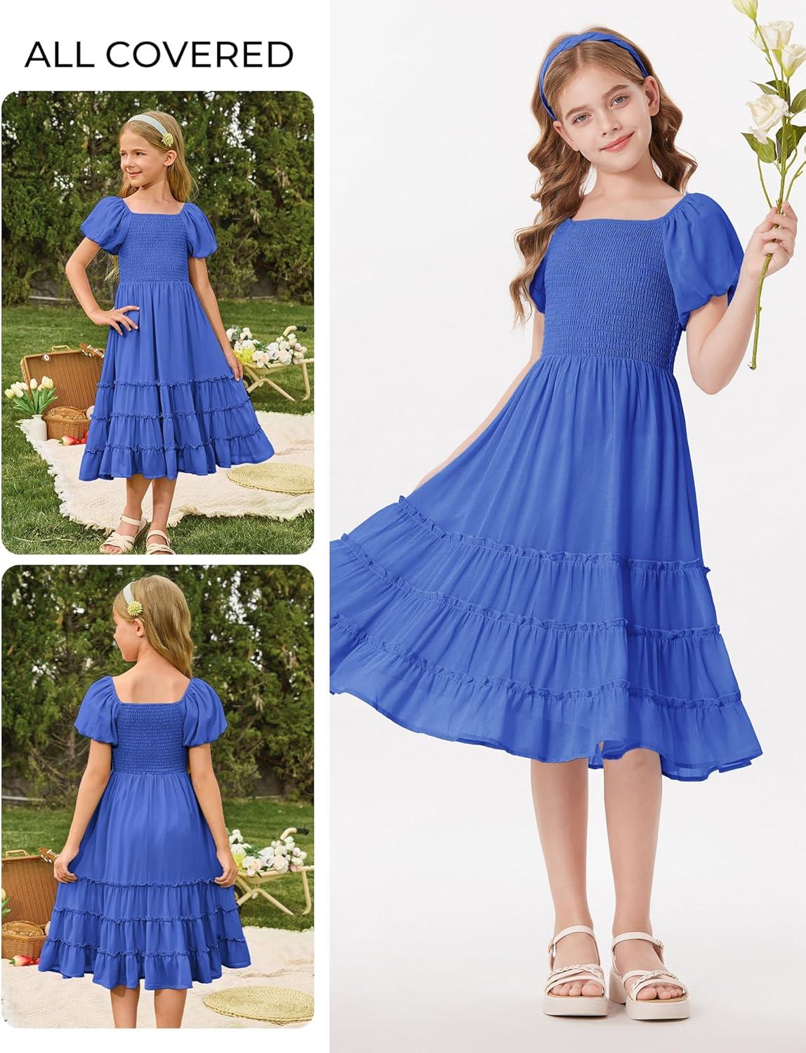 imageGRACE KARIN Girls Short Sleeve Smocked Summer Ruffle Dresses 714Y Teen Square Neck Casual Party Midii Maxi DressRoyal Blue