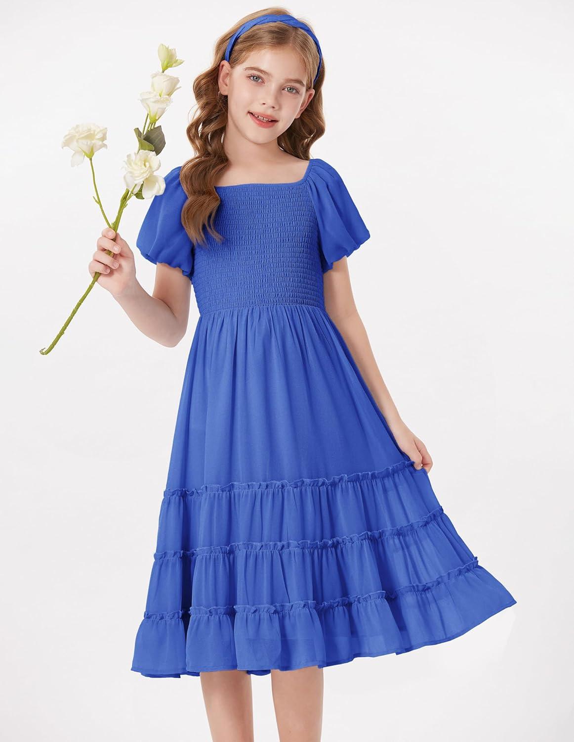 imageGRACE KARIN Girls Short Sleeve Smocked Summer Ruffle Dresses 714Y Teen Square Neck Casual Party Midii Maxi DressRoyal Blue