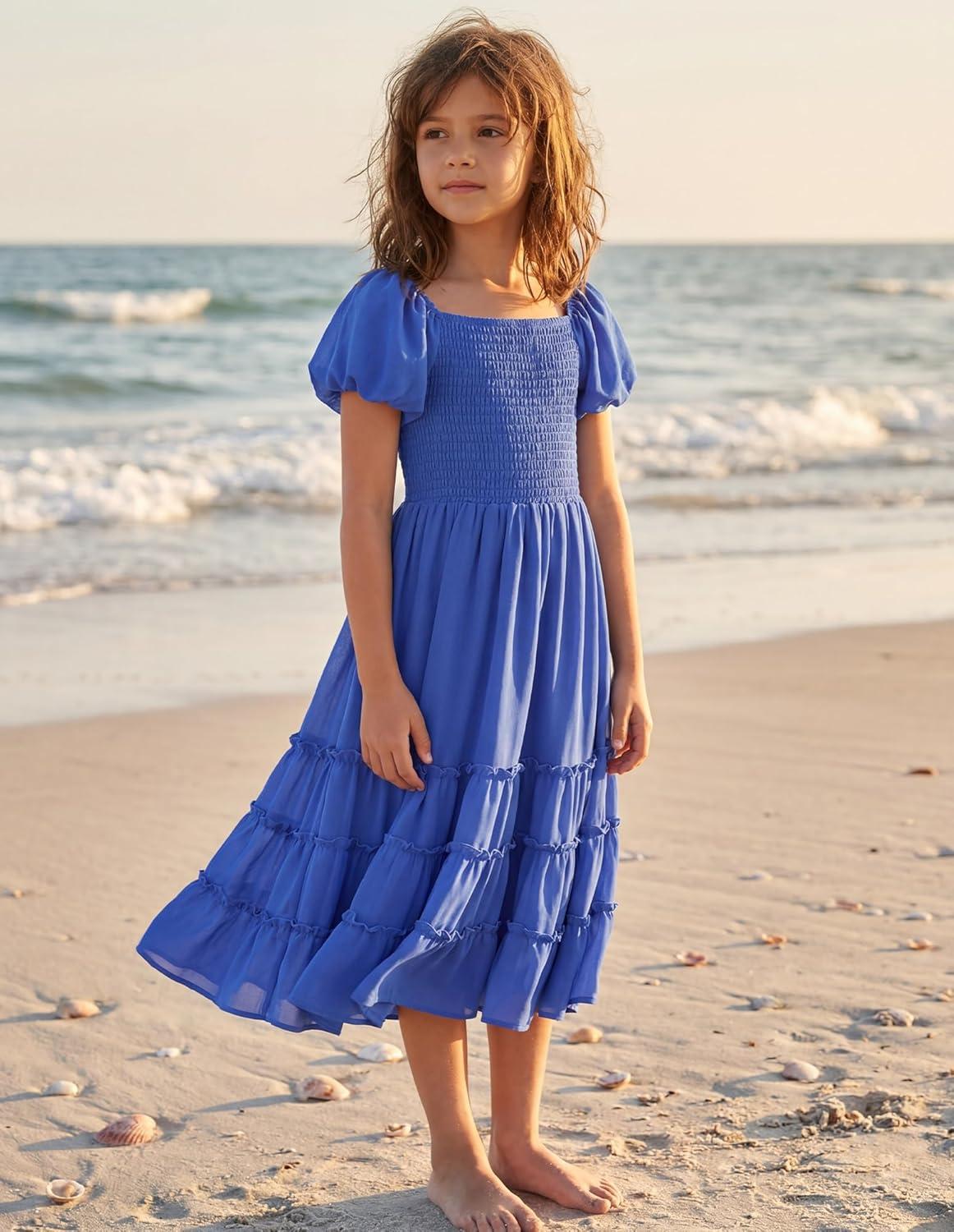 imageGRACE KARIN Girls Short Sleeve Smocked Summer Ruffle Dresses 714Y Teen Square Neck Casual Party Midii Maxi DressRoyal Blue