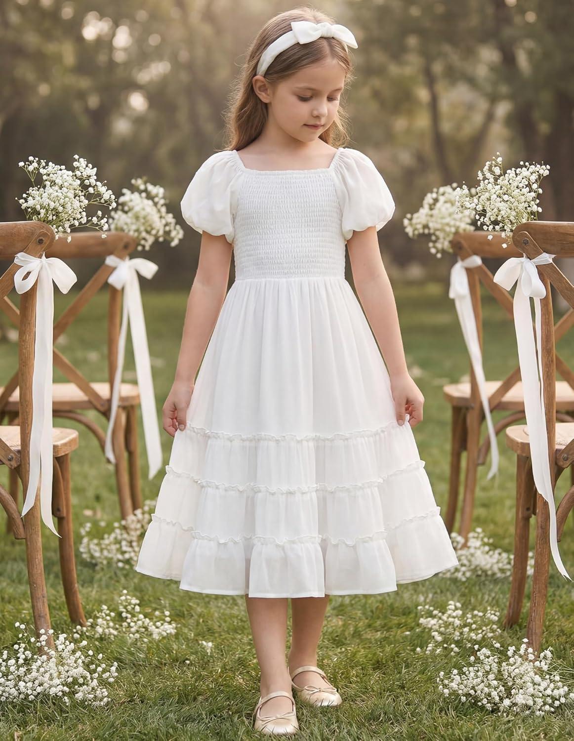 imageGRACE KARIN Girls Short Sleeve Smocked Summer Ruffle Dresses 714Y Teen Square Neck Casual Party Midii Maxi DressWhite