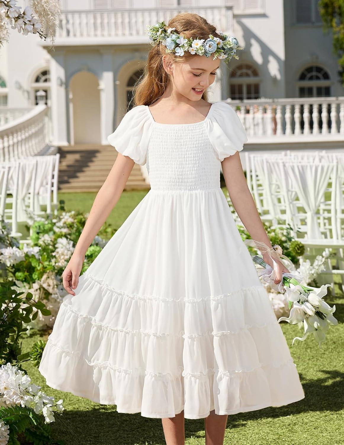 imageGRACE KARIN Girls Short Sleeve Smocked Summer Ruffle Dresses 714Y Teen Square Neck Casual Party Midii Maxi DressWhite