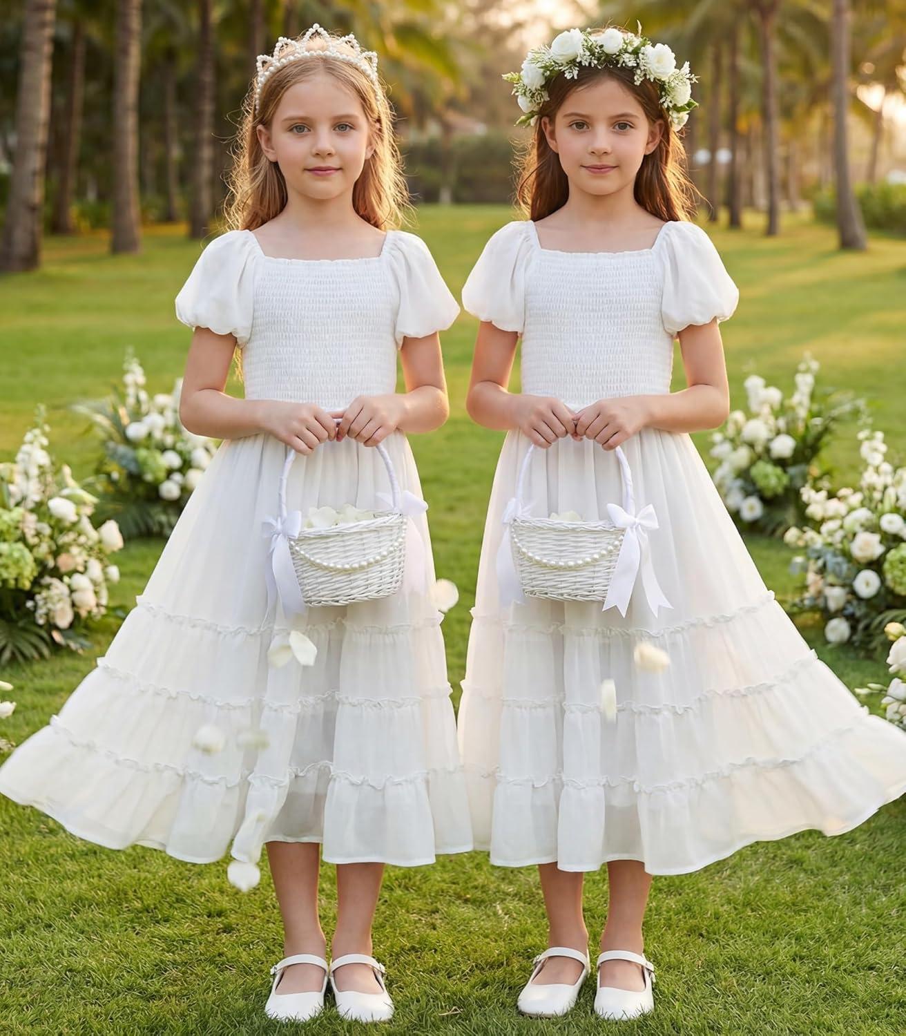 imageGRACE KARIN Girls Short Sleeve Smocked Summer Ruffle Dresses 714Y Teen Square Neck Casual Party Midii Maxi DressWhite