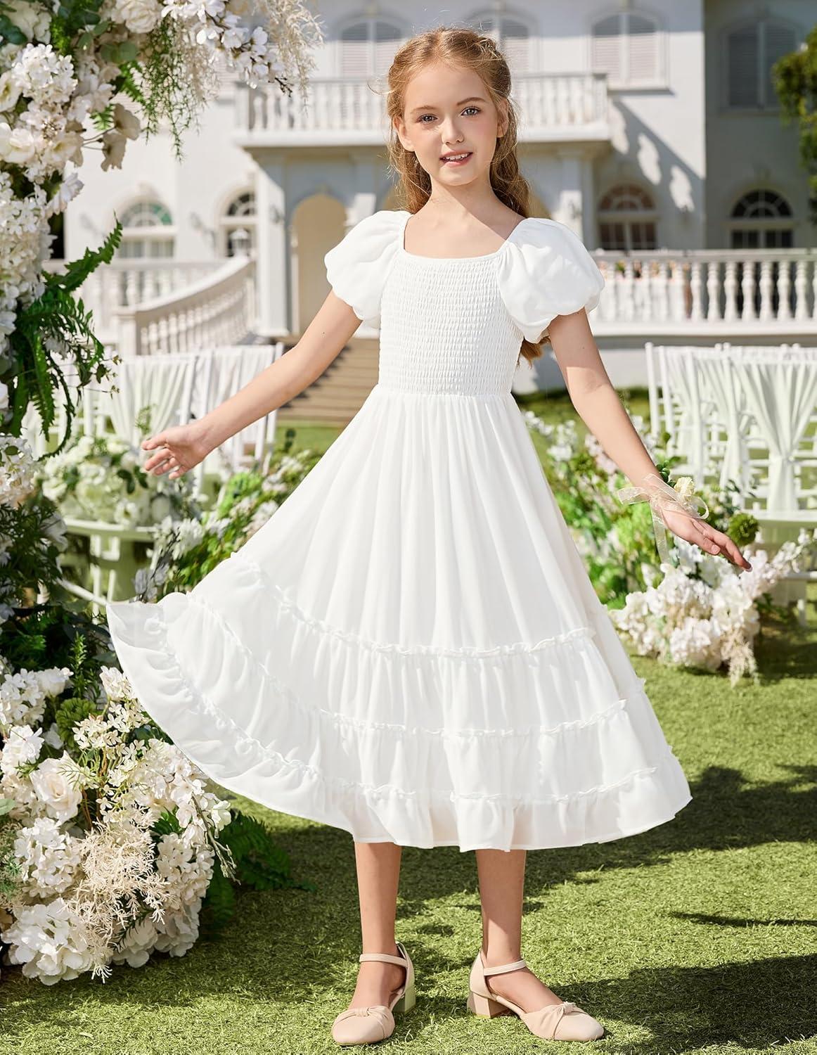imageGRACE KARIN Girls Short Sleeve Smocked Summer Ruffle Dresses 714Y Teen Square Neck Casual Party Midii Maxi DressWhite