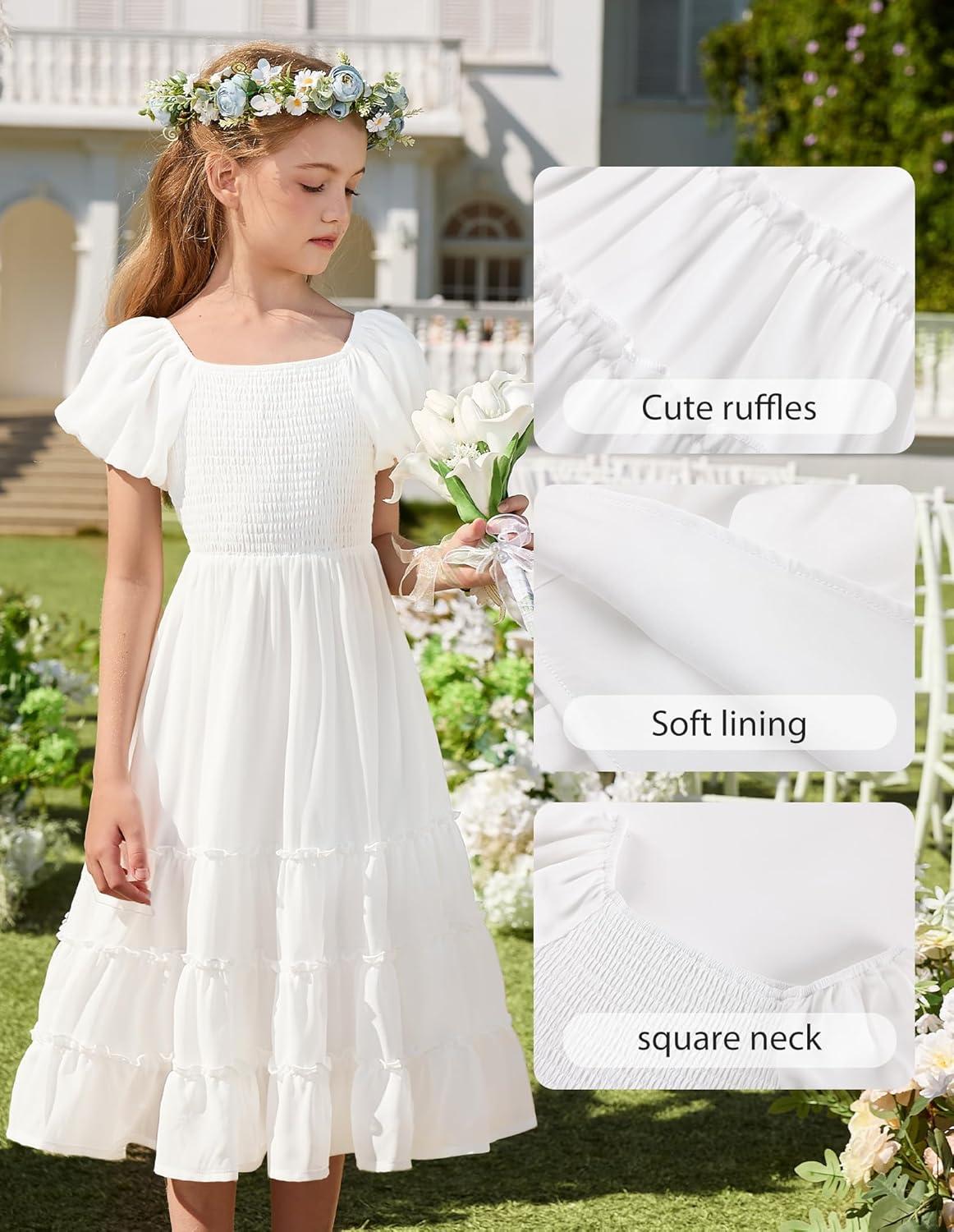 imageGRACE KARIN Girls Short Sleeve Smocked Summer Ruffle Dresses 714Y Teen Square Neck Casual Party Midii Maxi DressWhite