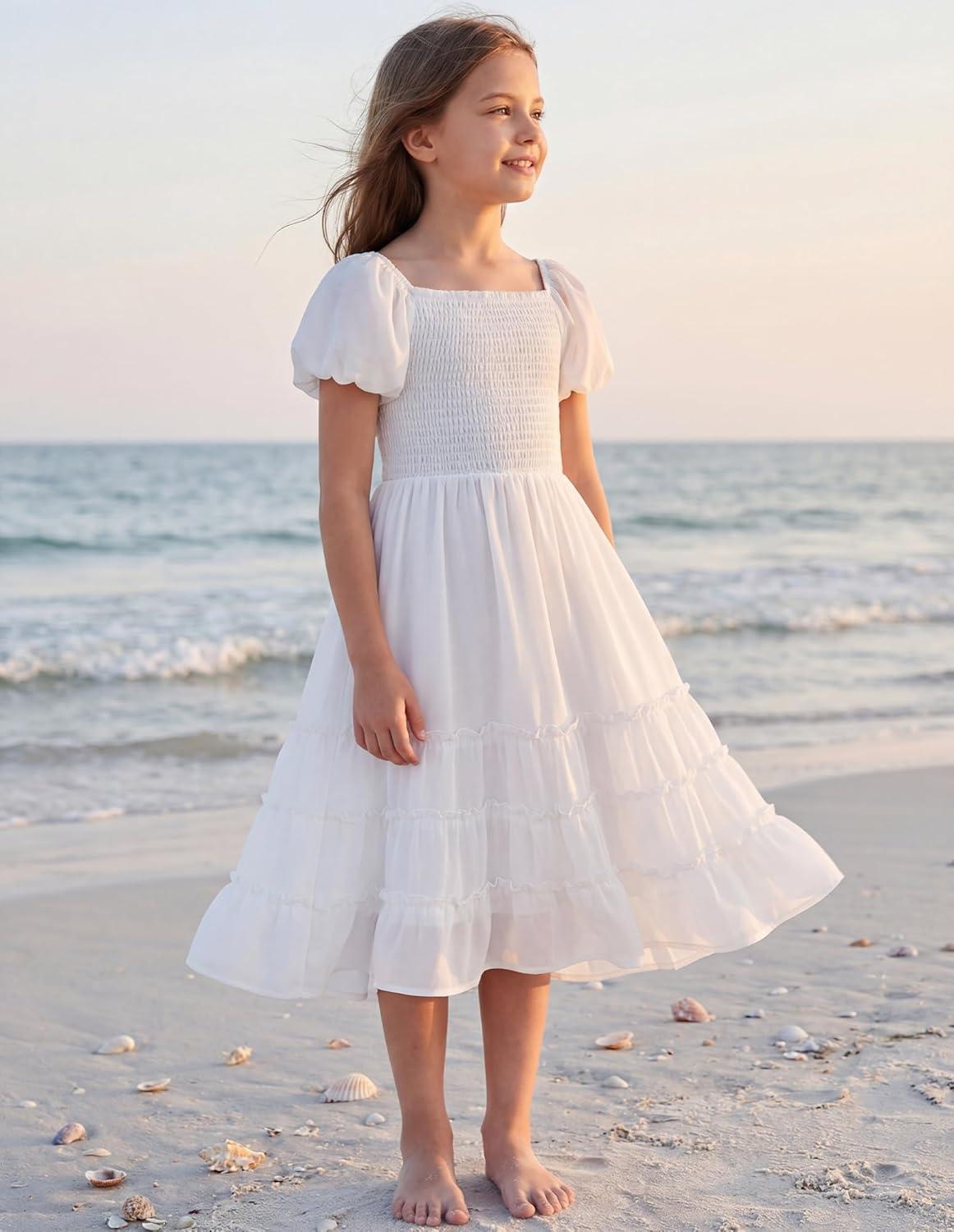 imageGRACE KARIN Girls Short Sleeve Smocked Summer Ruffle Dresses 714Y Teen Square Neck Casual Party Midii Maxi DressWhite