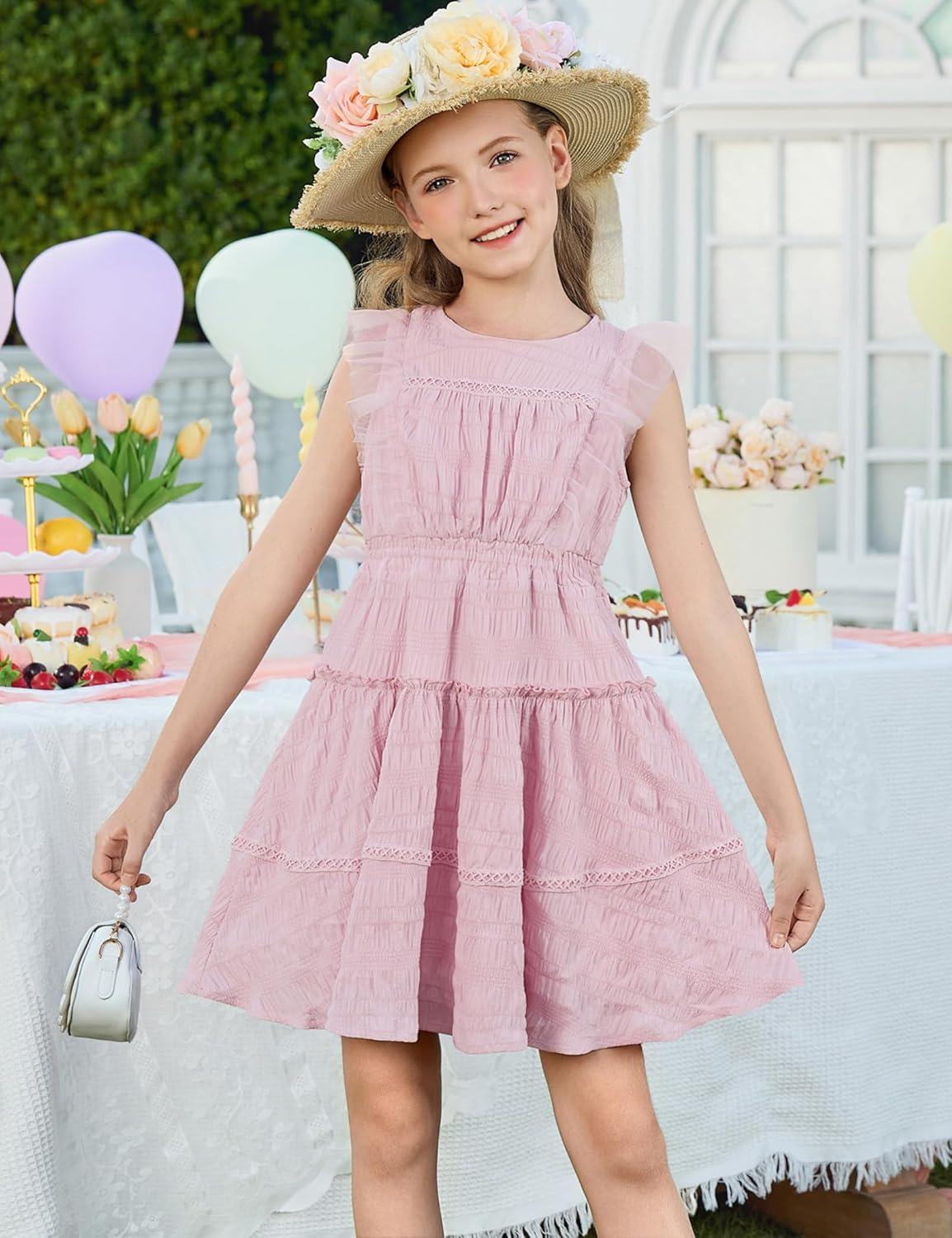 imageGRACE KARIN Girls Sleeveless Summer Dress Ruffle Tiered Easter Spring Party Dresses for Kids 613Light Pink