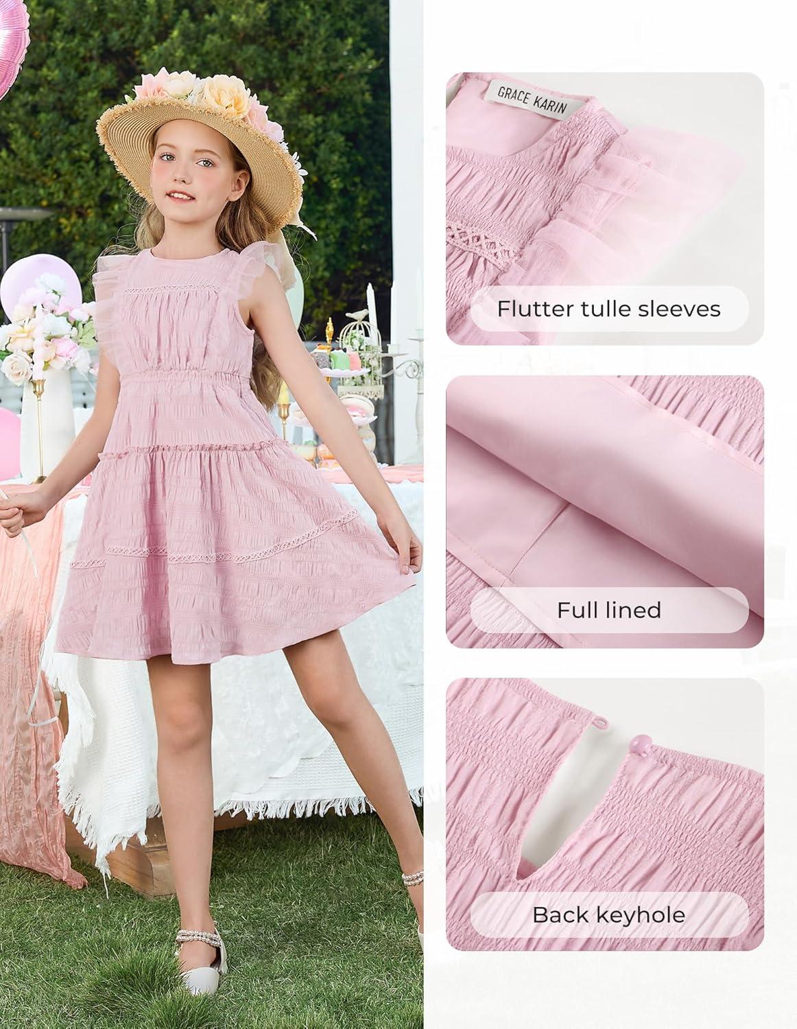 imageGRACE KARIN Girls Sleeveless Summer Dress Ruffle Tiered Easter Spring Party Dresses for Kids 613Light Pink