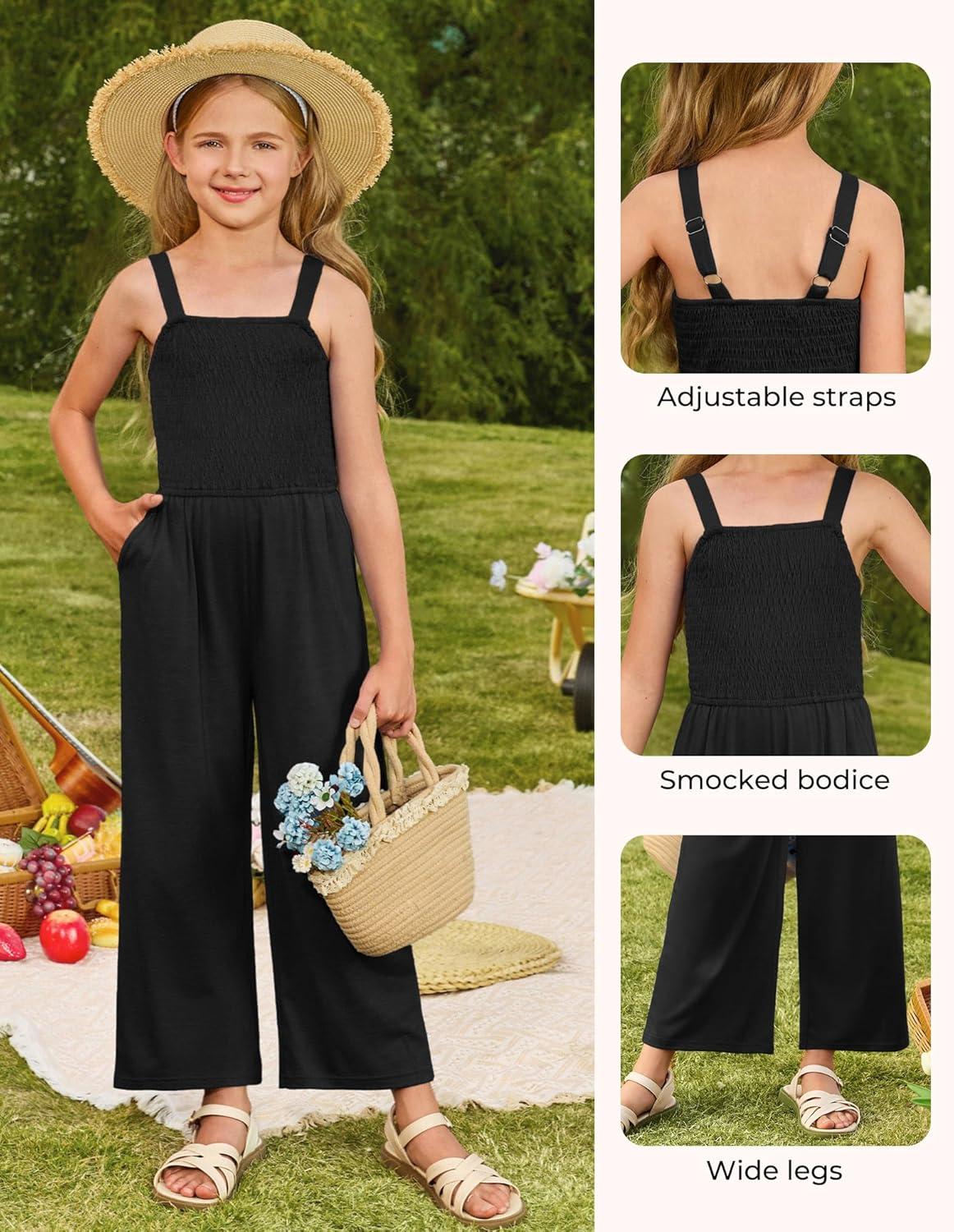 imageGRACE KARIN Girls Solid Jumpsuit Girl Summer Romper Pants Kids Long Spring Rompers with PocketsBlack