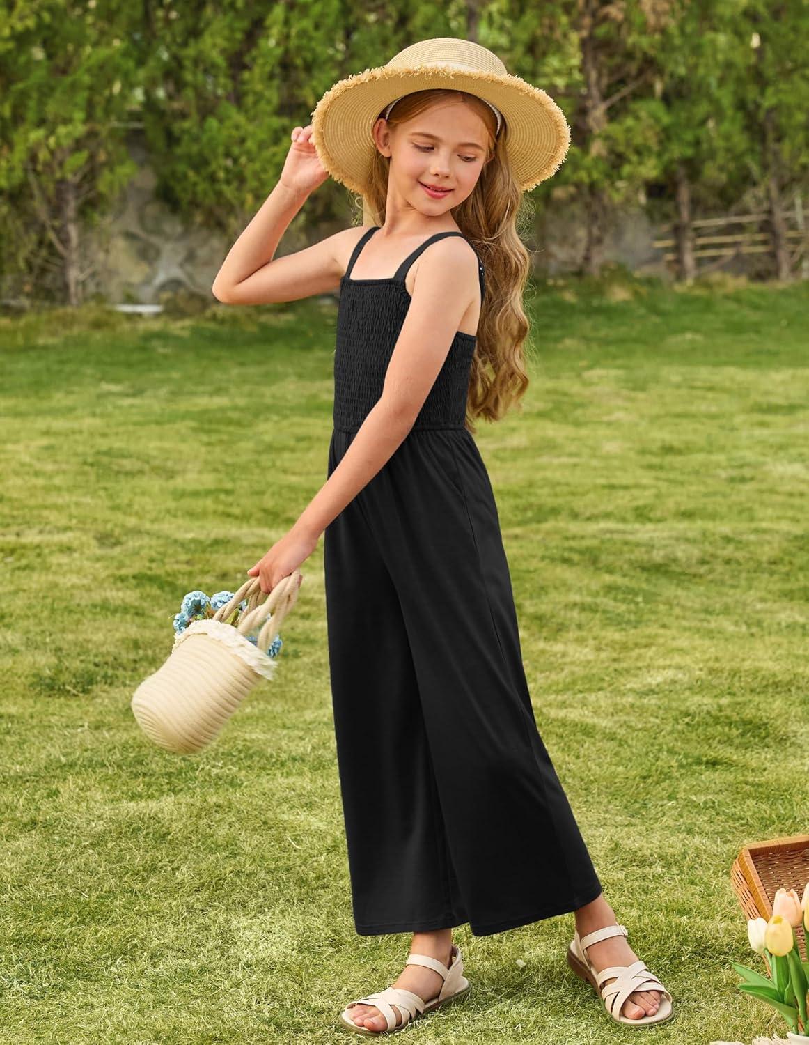 imageGRACE KARIN Girls Solid Jumpsuit Girl Summer Romper Pants Kids Long Spring Rompers with PocketsBlack