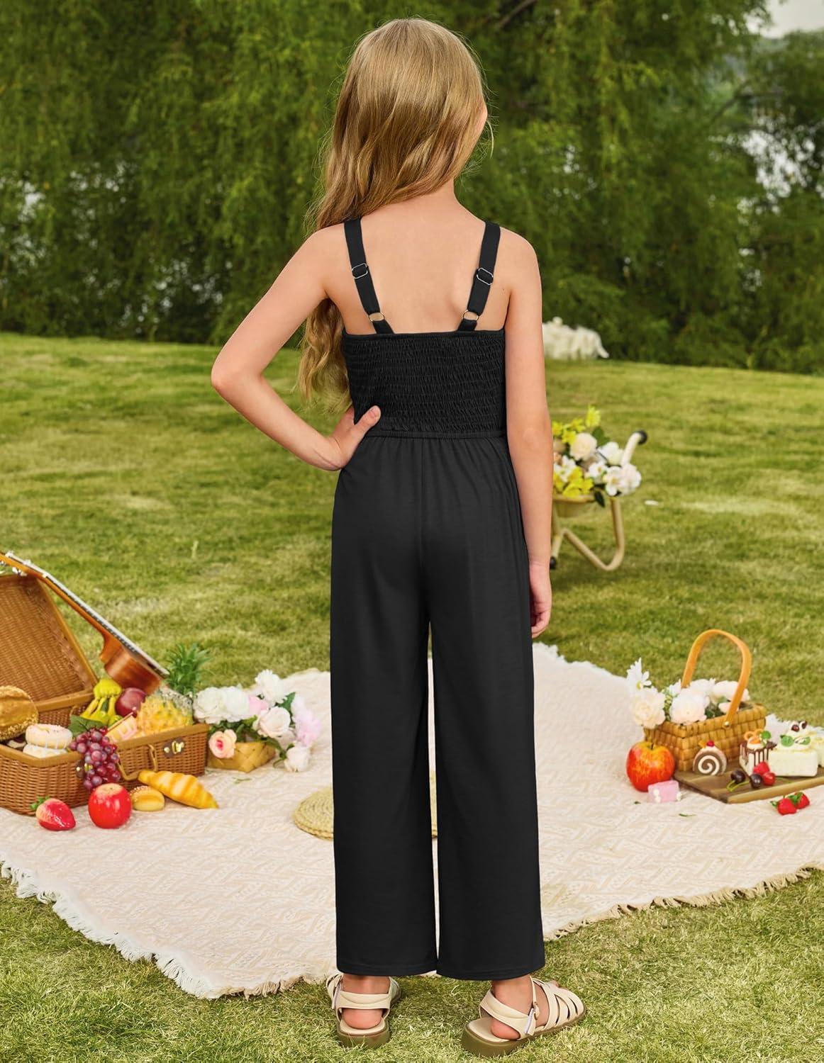 imageGRACE KARIN Girls Solid Jumpsuit Girl Summer Romper Pants Kids Long Spring Rompers with PocketsBlack