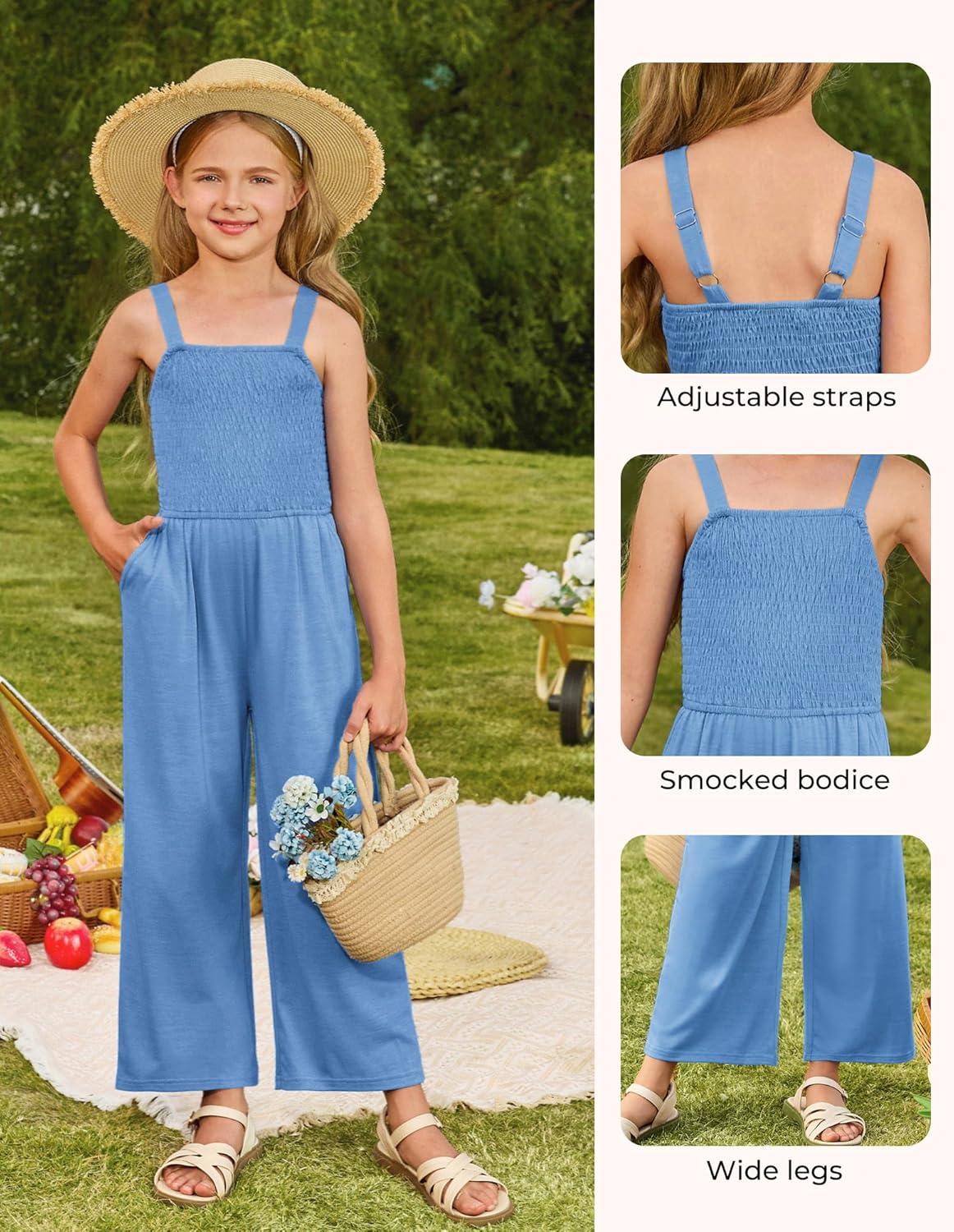 imageGRACE KARIN Girls Solid Jumpsuit Girl Summer Romper Pants Kids Long Spring Rompers with PocketsBlue