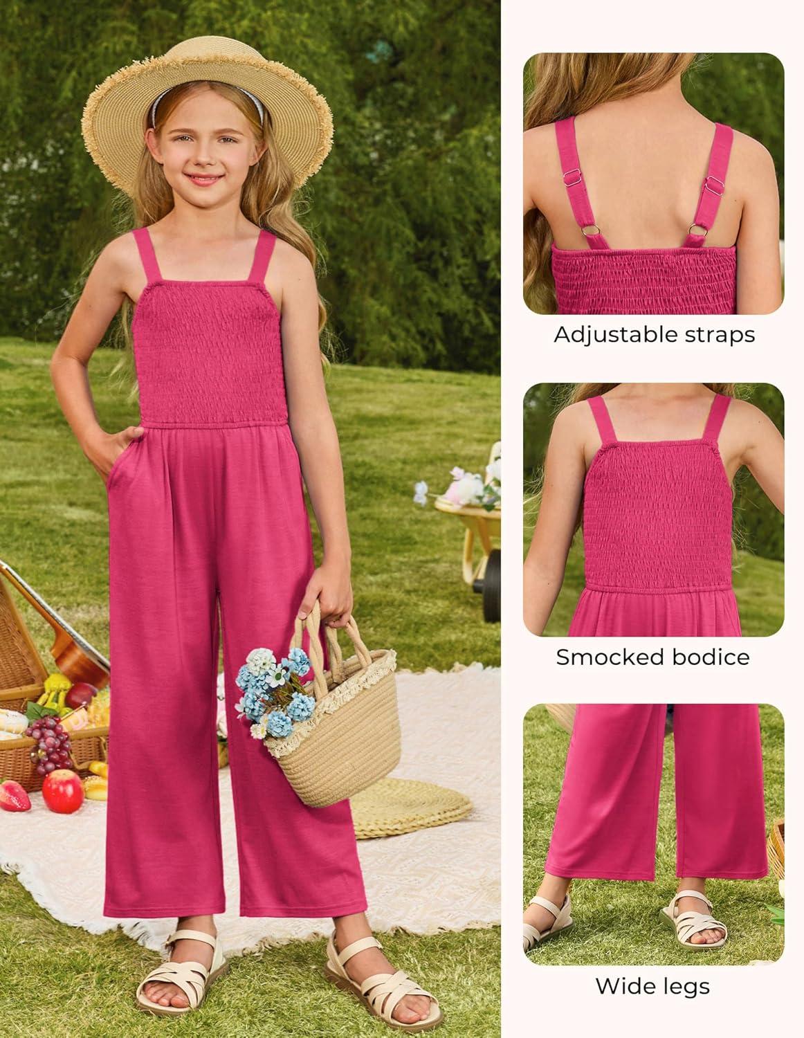 imageGRACE KARIN Girls Solid Jumpsuit Girl Summer Romper Pants Kids Long Spring Rompers with PocketsHot Pink