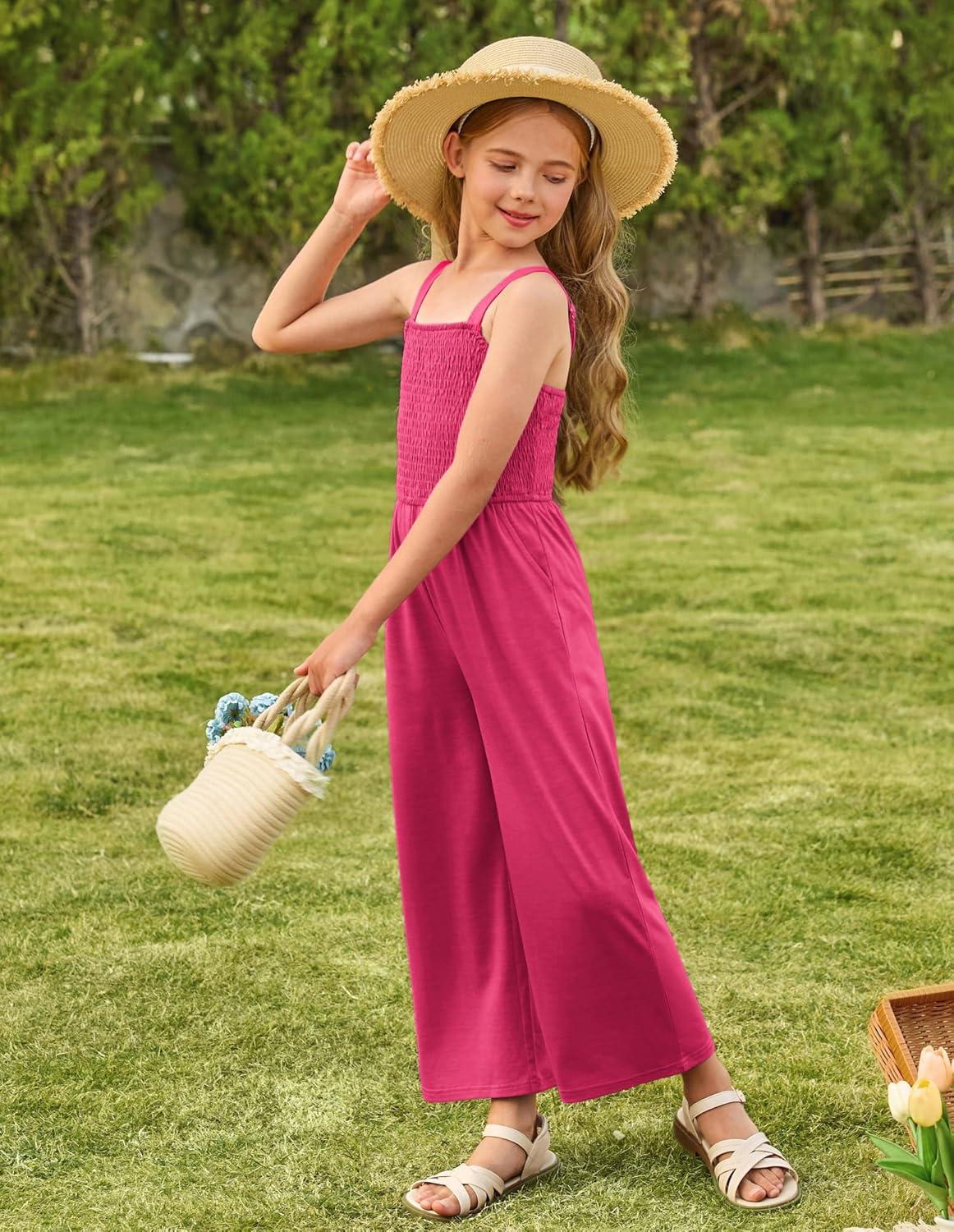 imageGRACE KARIN Girls Solid Jumpsuit Girl Summer Romper Pants Kids Long Spring Rompers with PocketsHot Pink