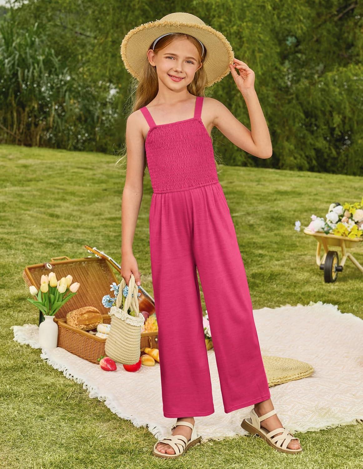imageGRACE KARIN Girls Solid Jumpsuit Girl Summer Romper Pants Kids Long Spring Rompers with PocketsHot Pink