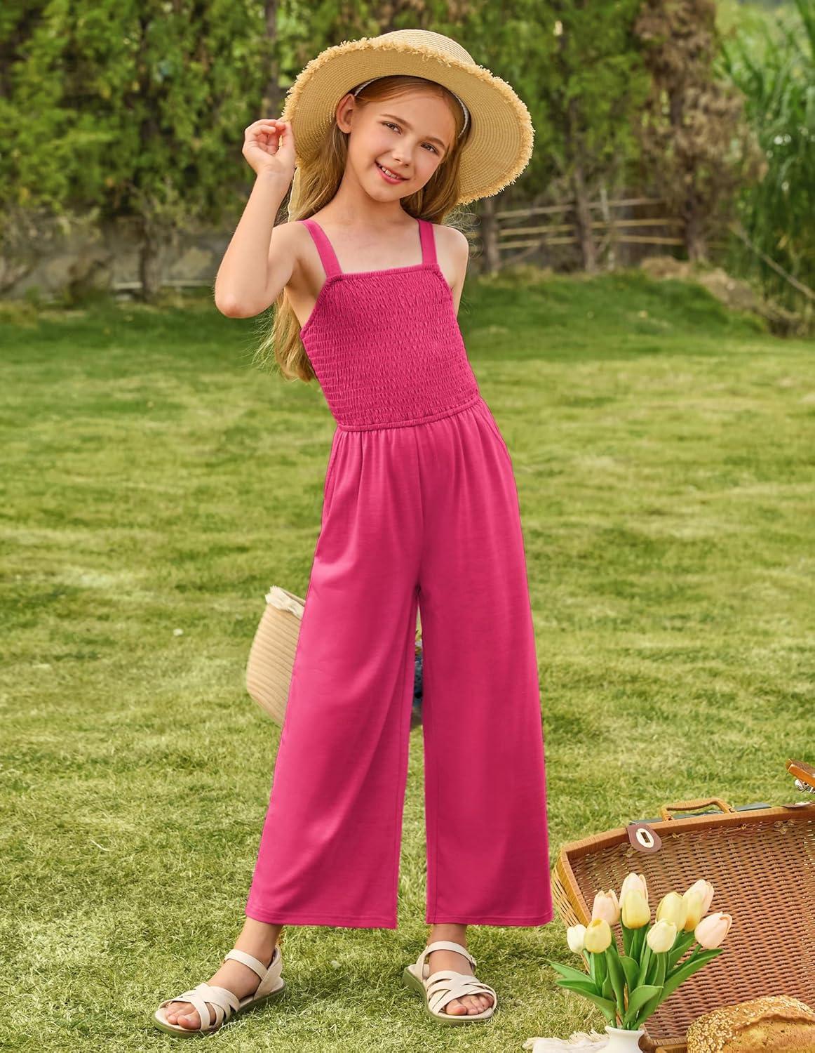 imageGRACE KARIN Girls Solid Jumpsuit Girl Summer Romper Pants Kids Long Spring Rompers with PocketsHot Pink