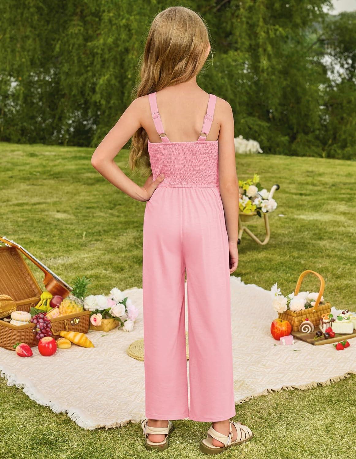 imageGRACE KARIN Girls Solid Jumpsuit Girl Summer Romper Pants Kids Long Spring Rompers with PocketsPink