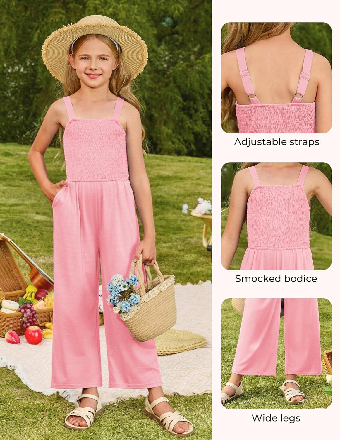 imageGRACE KARIN Girls Solid Jumpsuit Girl Summer Romper Pants Kids Long Spring Rompers with PocketsPink