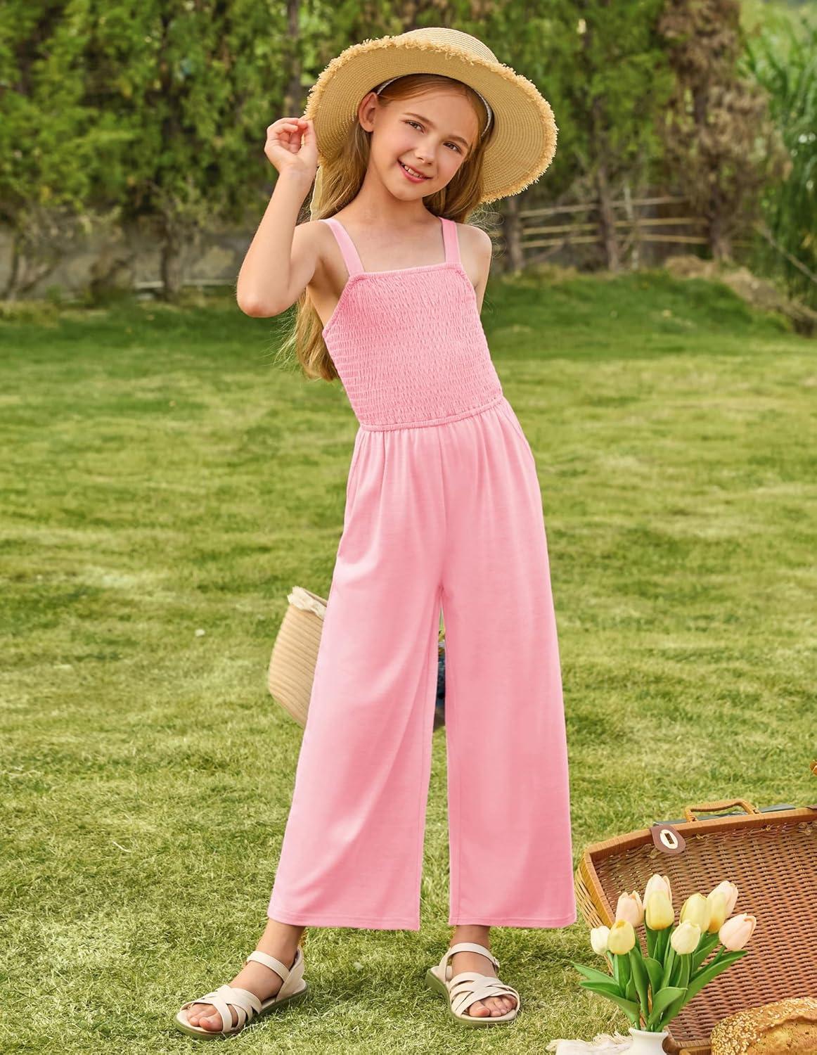 imageGRACE KARIN Girls Solid Jumpsuit Girl Summer Romper Pants Kids Long Spring Rompers with PocketsPink