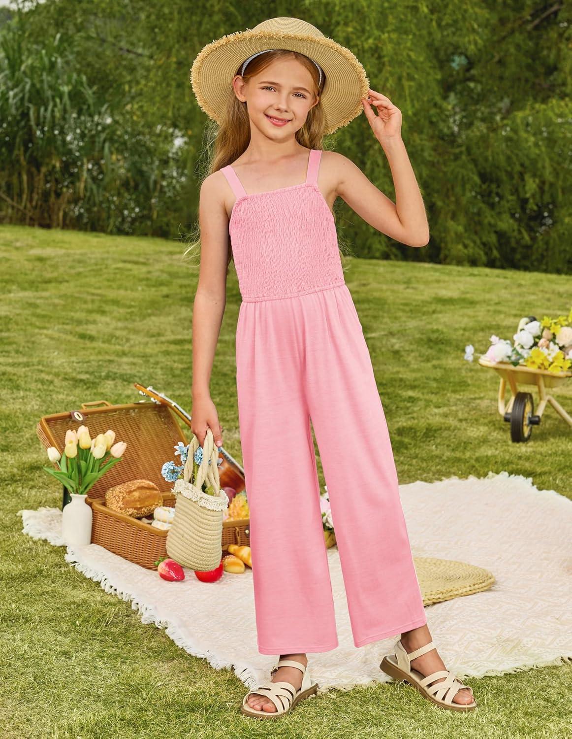 imageGRACE KARIN Girls Solid Jumpsuit Girl Summer Romper Pants Kids Long Spring Rompers with PocketsPink