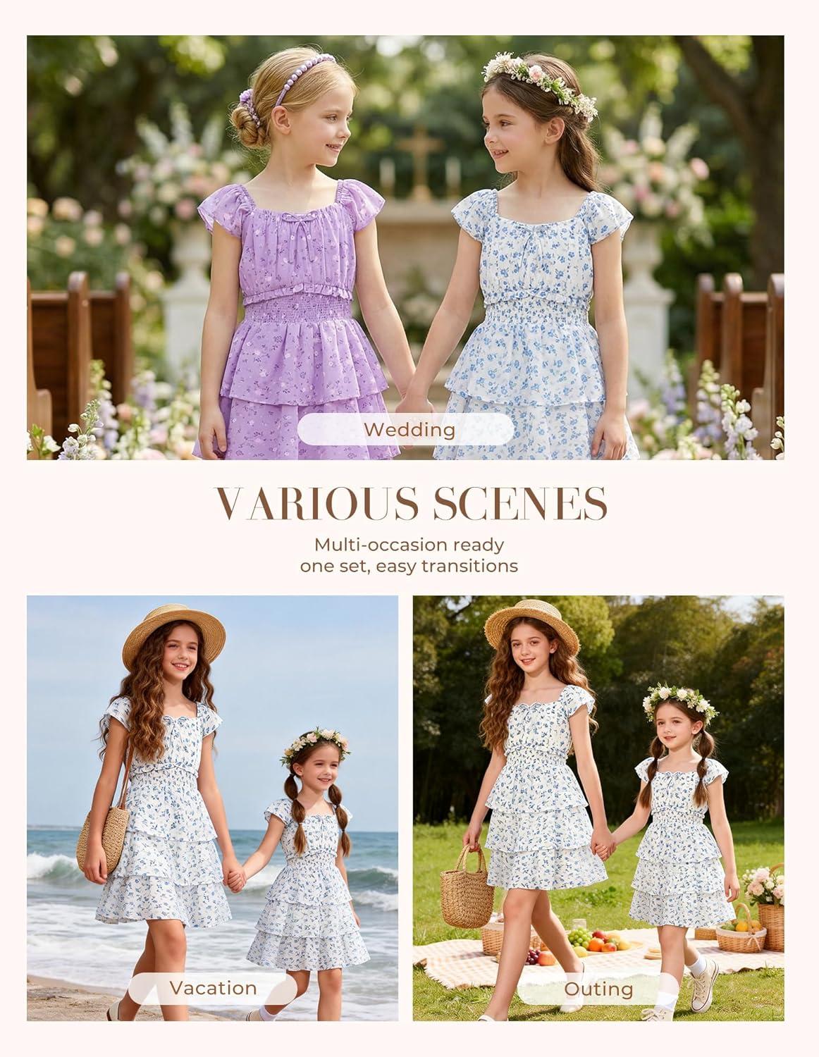 imageGRACE KARIN Girls Spring Summer Floral Dress Teen Ruffle Smocked 3 Layerr Dresses Kids Cute Boho Easter Clothes Size 714Blue Floral