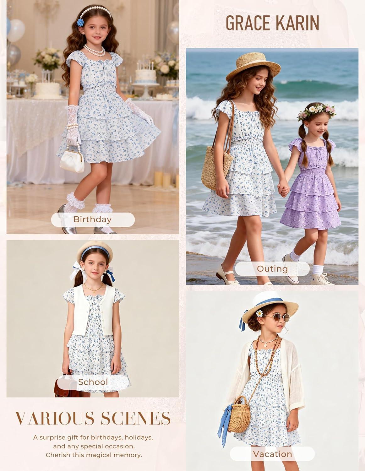 imageGRACE KARIN Girls Spring Summer Floral Dress Teen Ruffle Smocked 3 Layerr Dresses Kids Cute Boho Easter Clothes Size 714Blue Floral