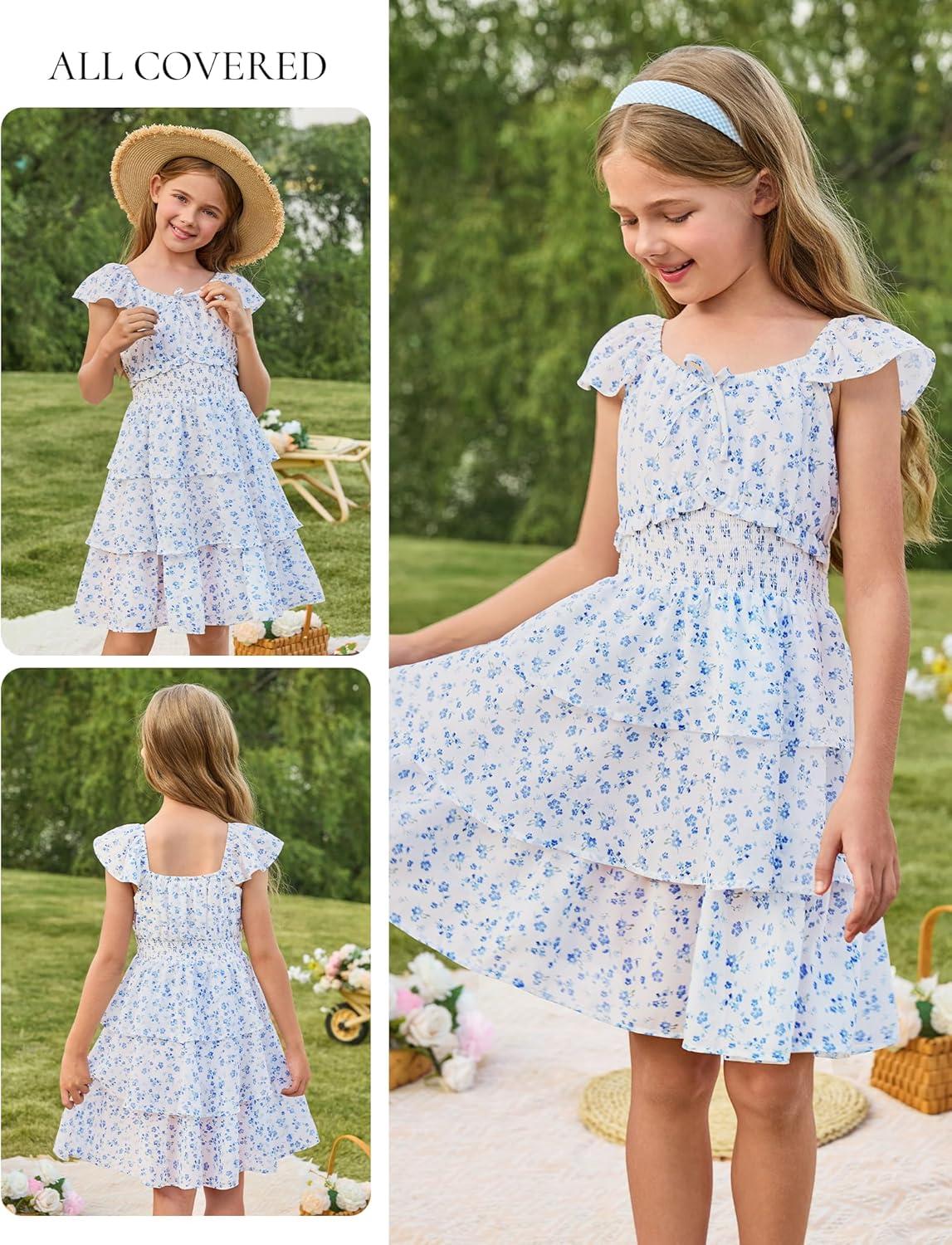imageGRACE KARIN Girls Spring Summer Floral Dress Teen Ruffle Smocked 3 Layerr Dresses Kids Cute Boho Easter Clothes Size 714Blue Floral
