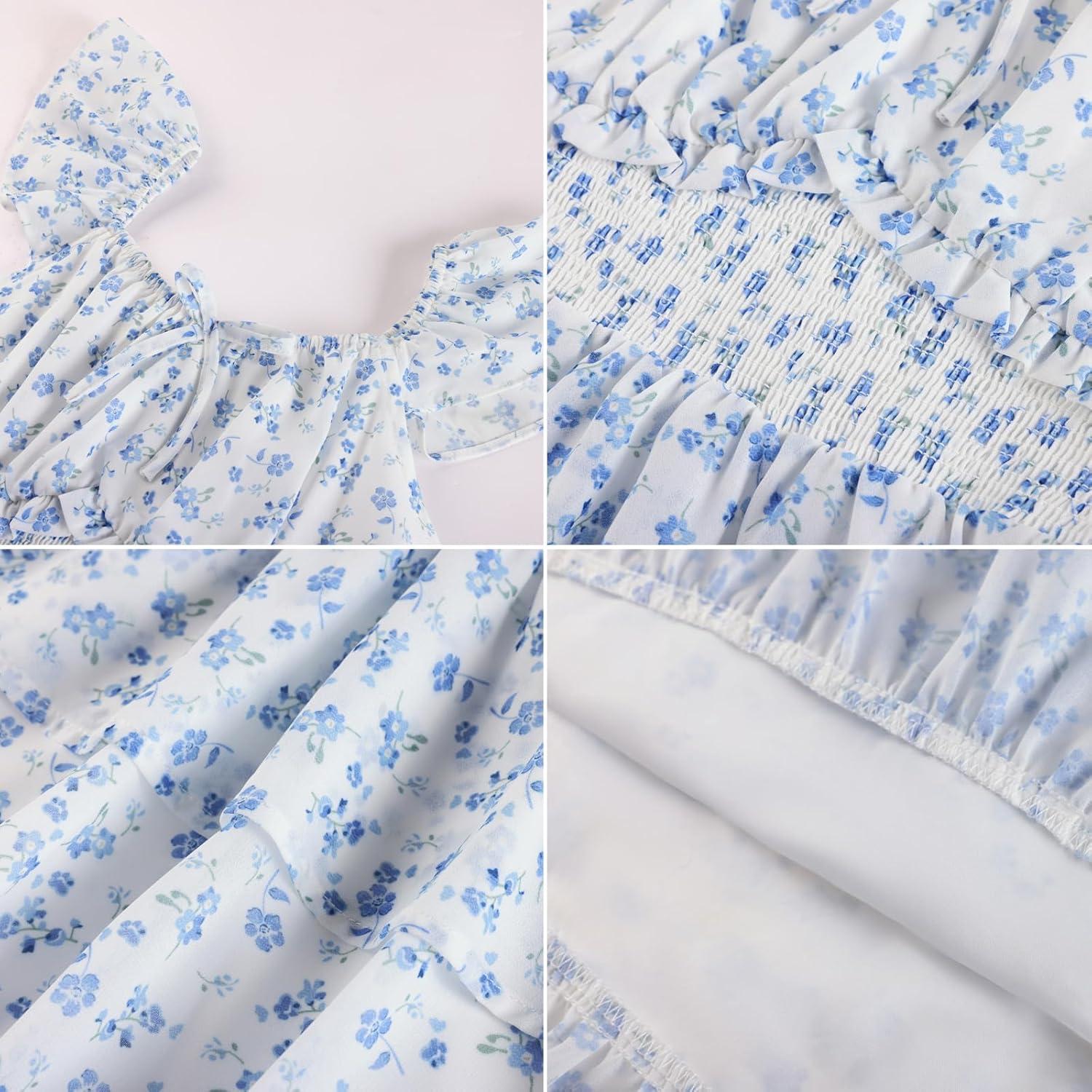 imageGRACE KARIN Girls Spring Summer Floral Dress Teen Ruffle Smocked 3 Layerr Dresses Kids Cute Boho Easter Clothes Size 714Blue Floral