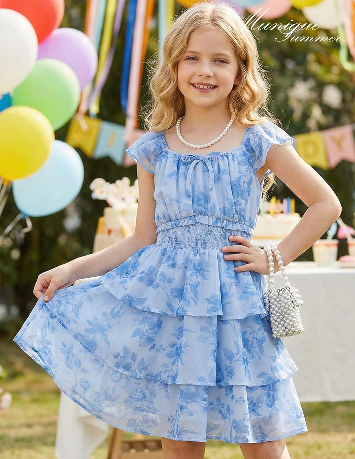 imageGRACE KARIN Girls Spring Summer Floral Dress Teen Ruffle Smocked 3 Layerr Dresses Kids Cute Boho Easter Clothes Size 714Dark Blue Floral