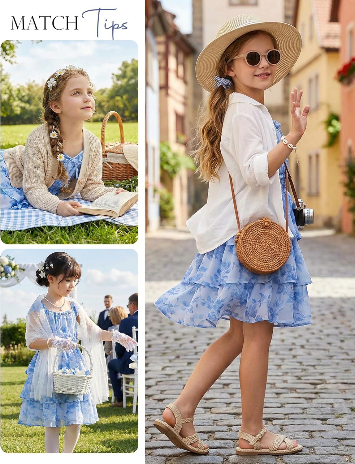 imageGRACE KARIN Girls Spring Summer Floral Dress Teen Ruffle Smocked 3 Layerr Dresses Kids Cute Boho Easter Clothes Size 714Dark Blue Floral