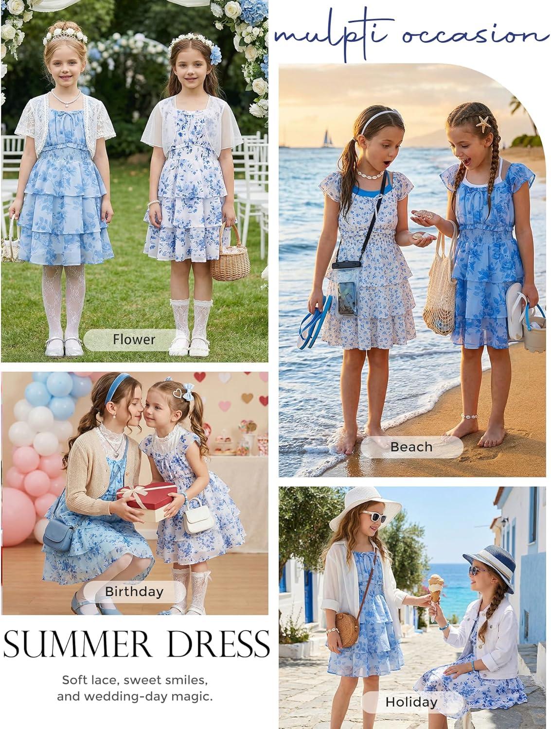 imageGRACE KARIN Girls Spring Summer Floral Dress Teen Ruffle Smocked 3 Layerr Dresses Kids Cute Boho Easter Clothes Size 714Dark Blue Floral