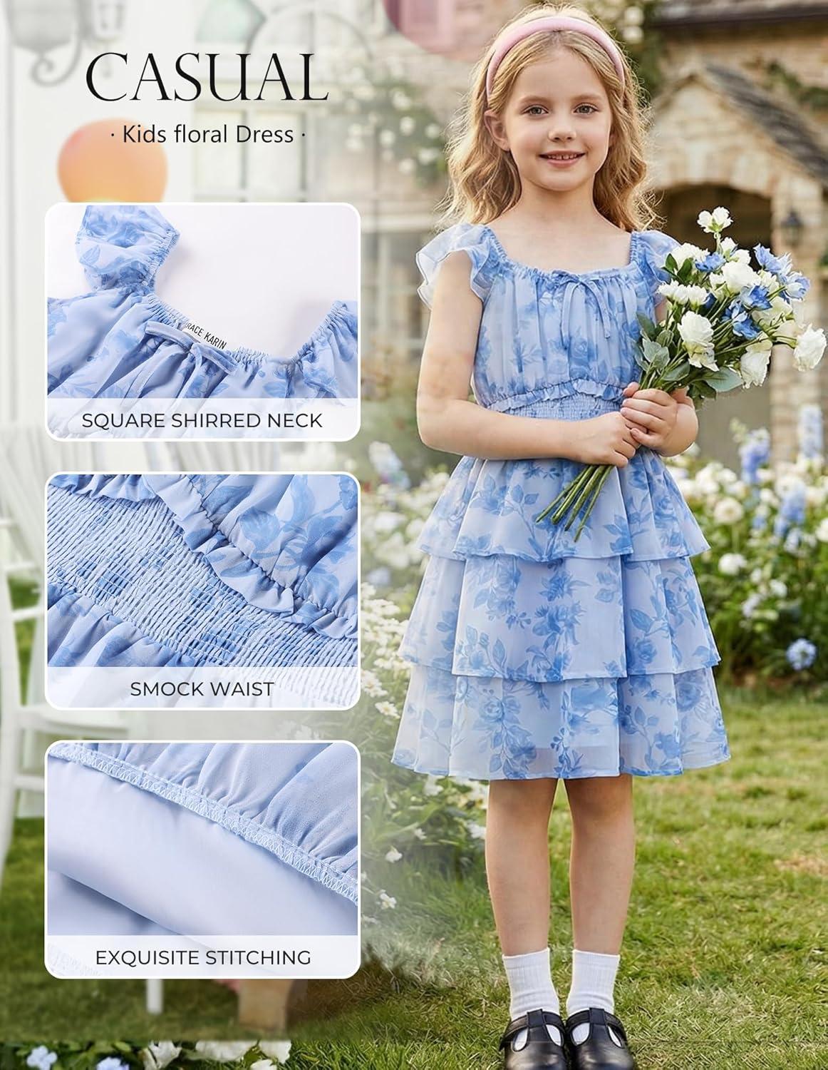 imageGRACE KARIN Girls Spring Summer Floral Dress Teen Ruffle Smocked 3 Layerr Dresses Kids Cute Boho Easter Clothes Size 714Dark Blue Floral
