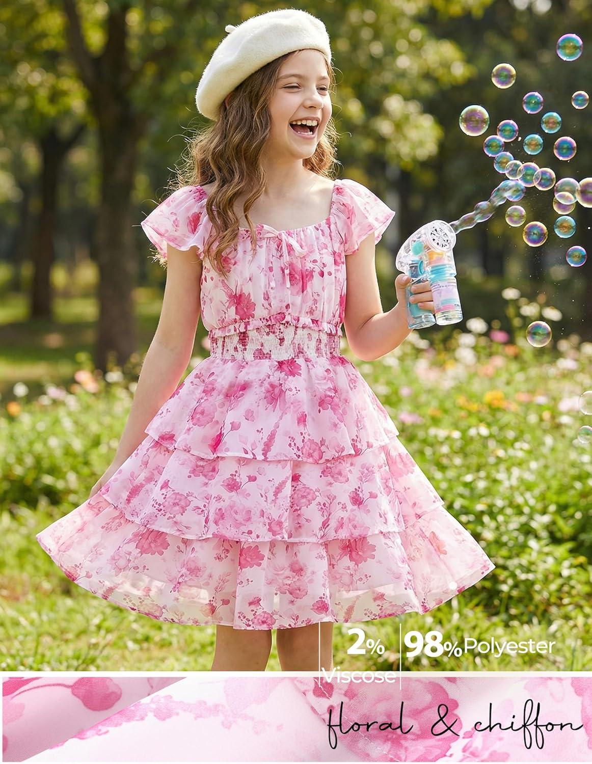 imageGRACE KARIN Girls Spring Summer Floral Dress Teen Ruffle Smocked 3 Layerr Dresses Kids Cute Boho Easter Clothes Size 714Hot Pink Floral