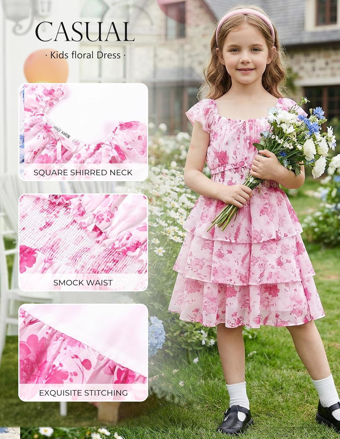 imageGRACE KARIN Girls Spring Summer Floral Dress Teen Ruffle Smocked 3 Layerr Dresses Kids Cute Boho Easter Clothes Size 714Hot Pink Floral