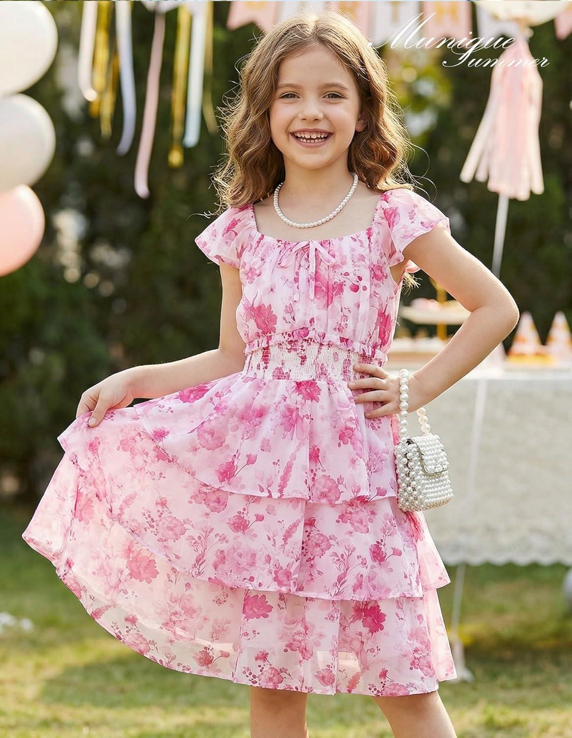 imageGRACE KARIN Girls Spring Summer Floral Dress Teen Ruffle Smocked 3 Layerr Dresses Kids Cute Boho Easter Clothes Size 714Hot Pink Floral