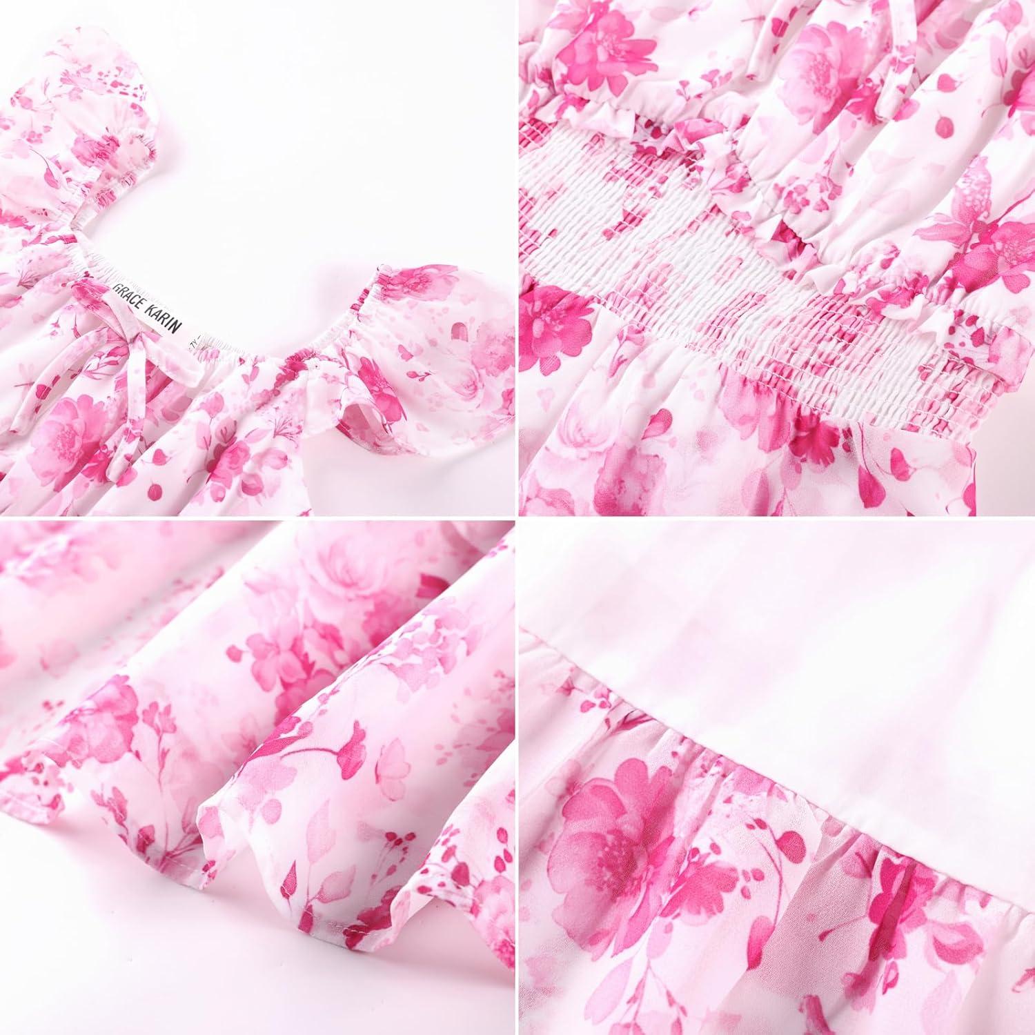 imageGRACE KARIN Girls Spring Summer Floral Dress Teen Ruffle Smocked 3 Layerr Dresses Kids Cute Boho Easter Clothes Size 714Hot Pink Floral