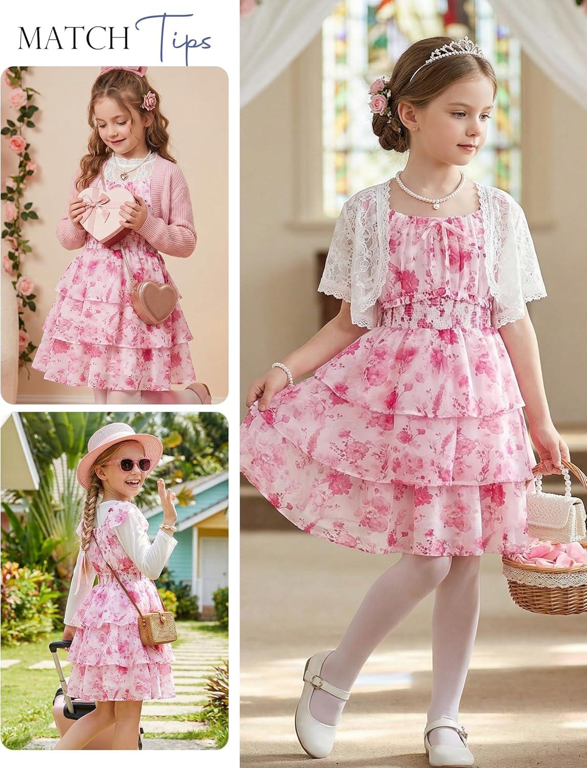 imageGRACE KARIN Girls Spring Summer Floral Dress Teen Ruffle Smocked 3 Layerr Dresses Kids Cute Boho Easter Clothes Size 714Hot Pink Floral