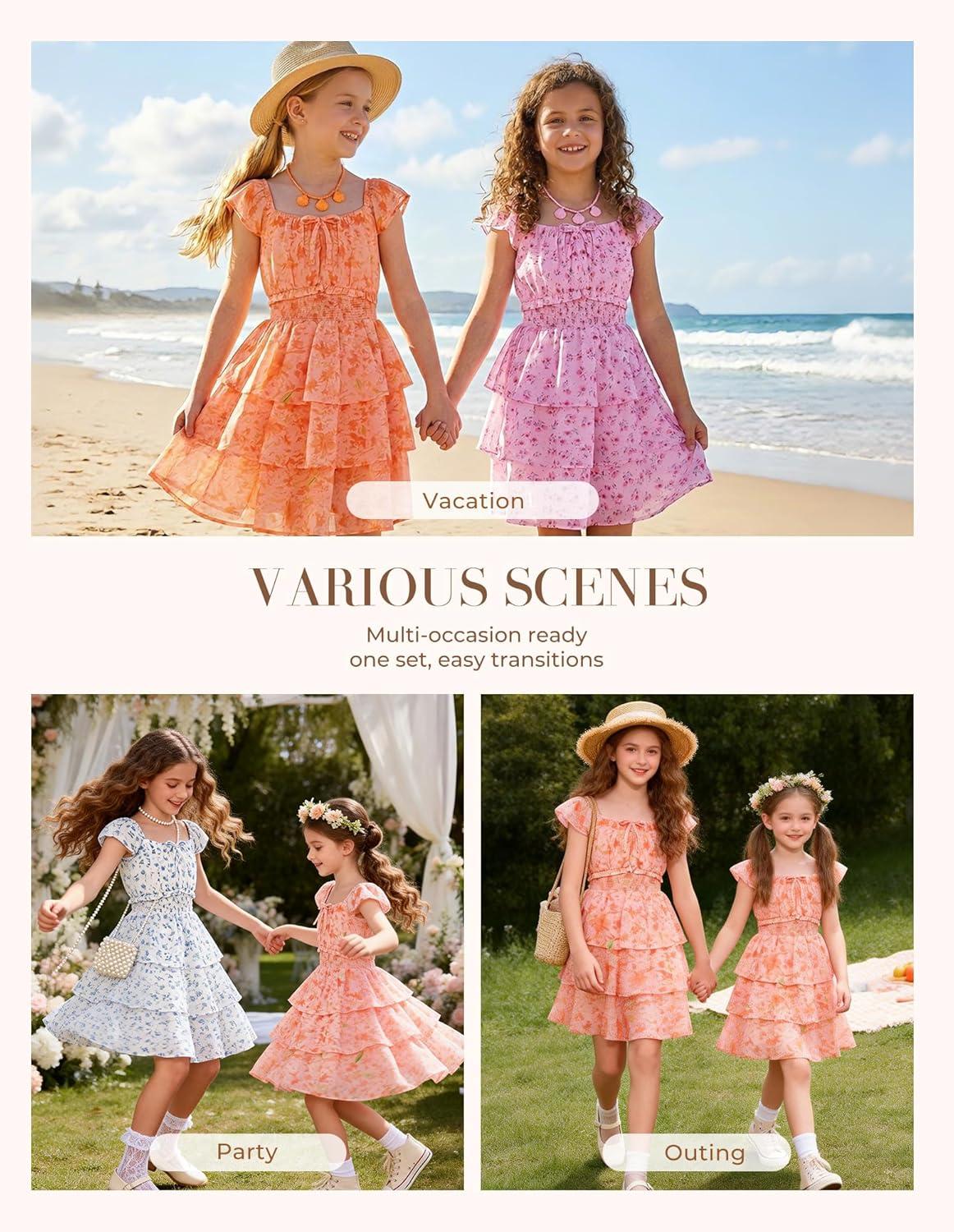 imageGRACE KARIN Girls Spring Summer Floral Dress Teen Ruffle Smocked 3 Layerr Dresses Kids Cute Boho Easter Clothes Size 714Orange Floral