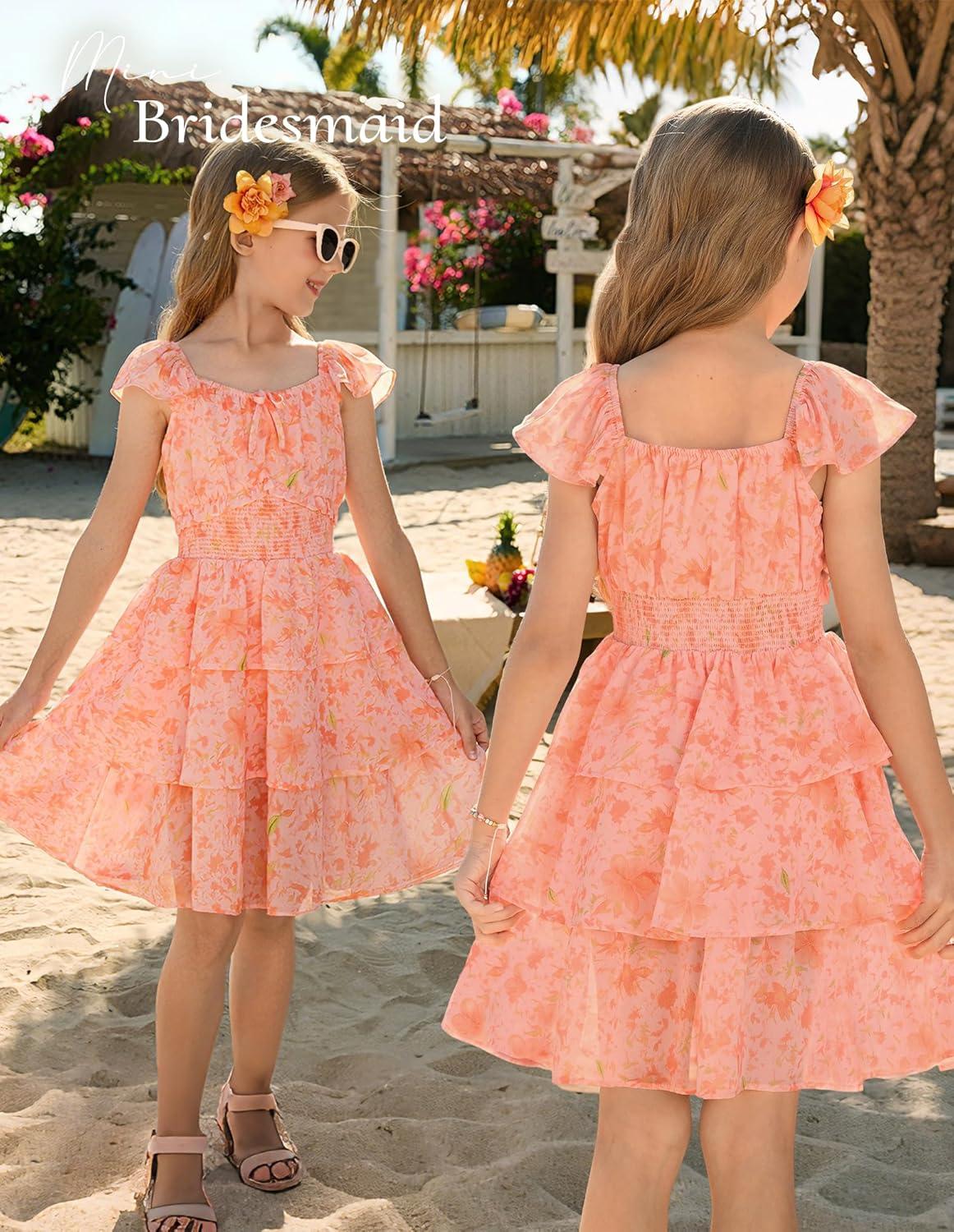 imageGRACE KARIN Girls Spring Summer Floral Dress Teen Ruffle Smocked 3 Layerr Dresses Kids Cute Boho Easter Clothes Size 714Orange Floral