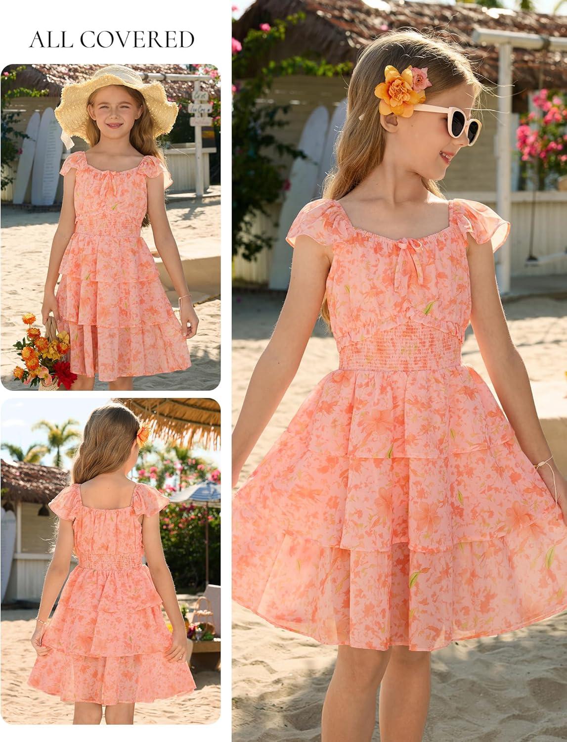 imageGRACE KARIN Girls Spring Summer Floral Dress Teen Ruffle Smocked 3 Layerr Dresses Kids Cute Boho Easter Clothes Size 714Orange Floral