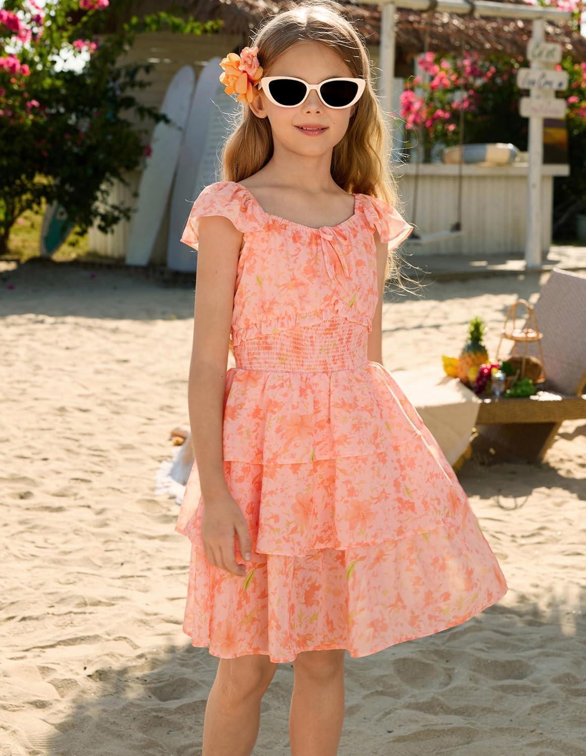 imageGRACE KARIN Girls Spring Summer Floral Dress Teen Ruffle Smocked 3 Layerr Dresses Kids Cute Boho Easter Clothes Size 714Orange Floral