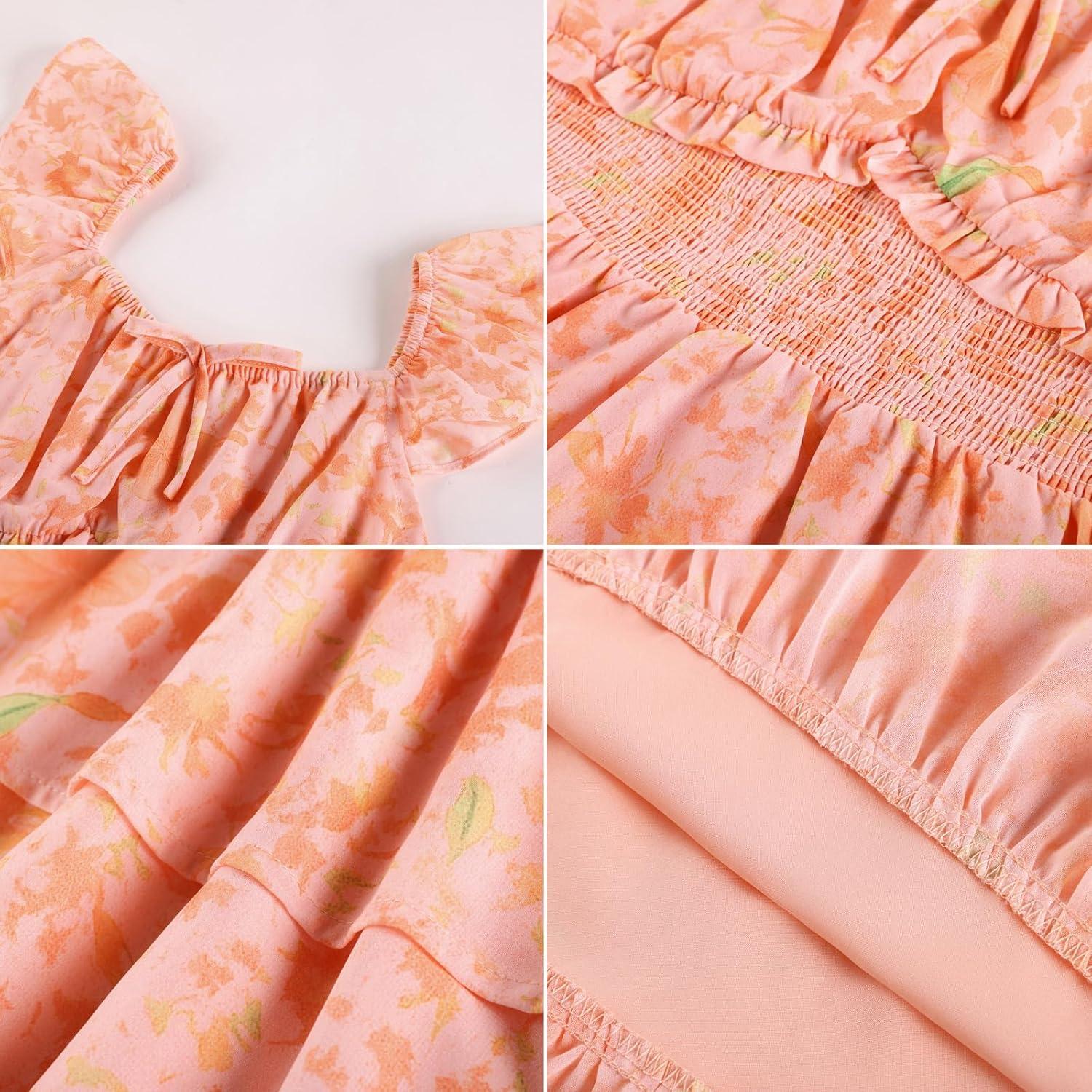 imageGRACE KARIN Girls Spring Summer Floral Dress Teen Ruffle Smocked 3 Layerr Dresses Kids Cute Boho Easter Clothes Size 714Orange Floral